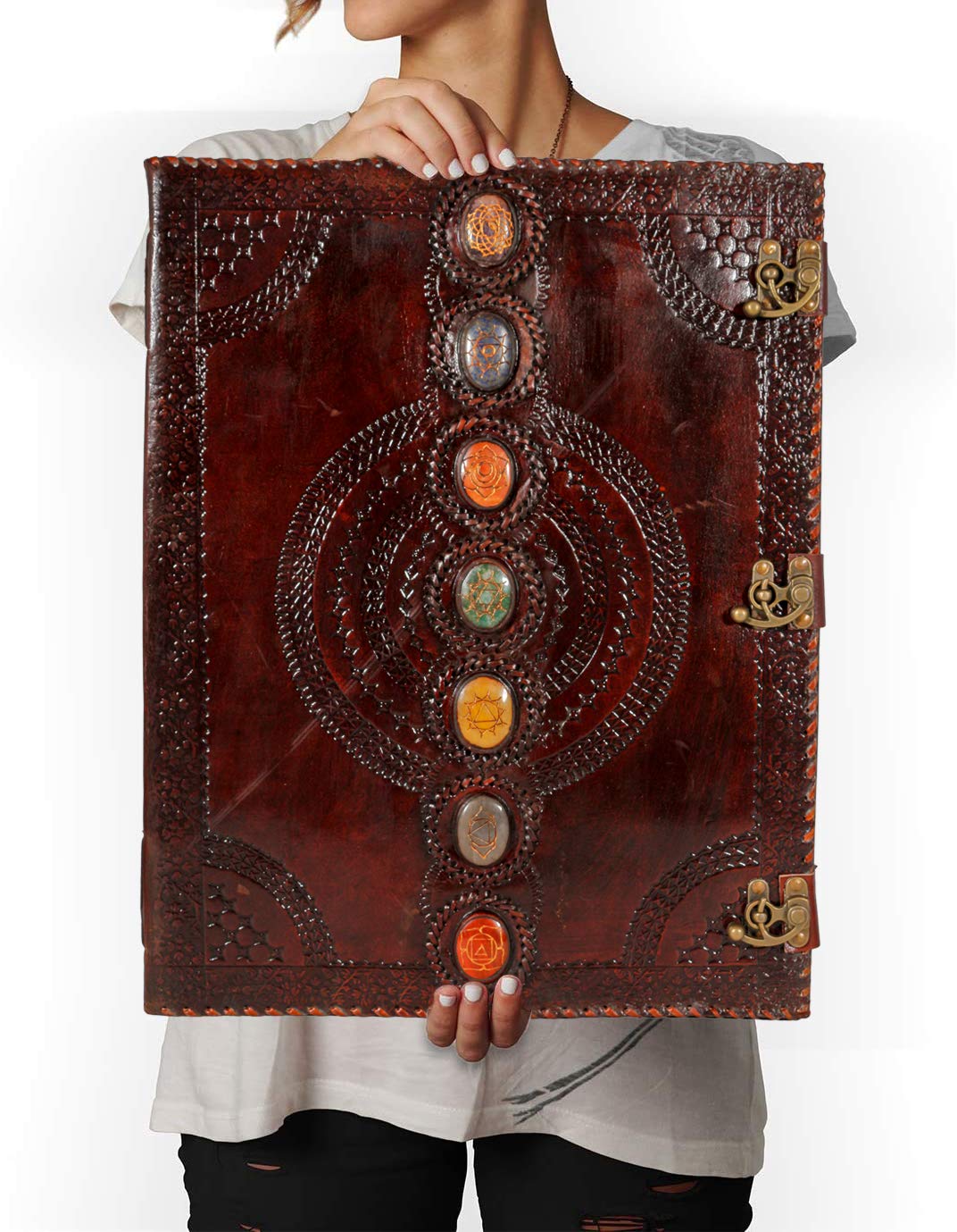 Handmade Leather Journal with Real Stone Seven Chakra Embossing - Medieval Style Book of Shadows, Notebook, Office Diary, Sketchbook (Brown, 14x22 inch) - Perfect for Wiccan Rituals, Poetry Writing & Gift Giving
