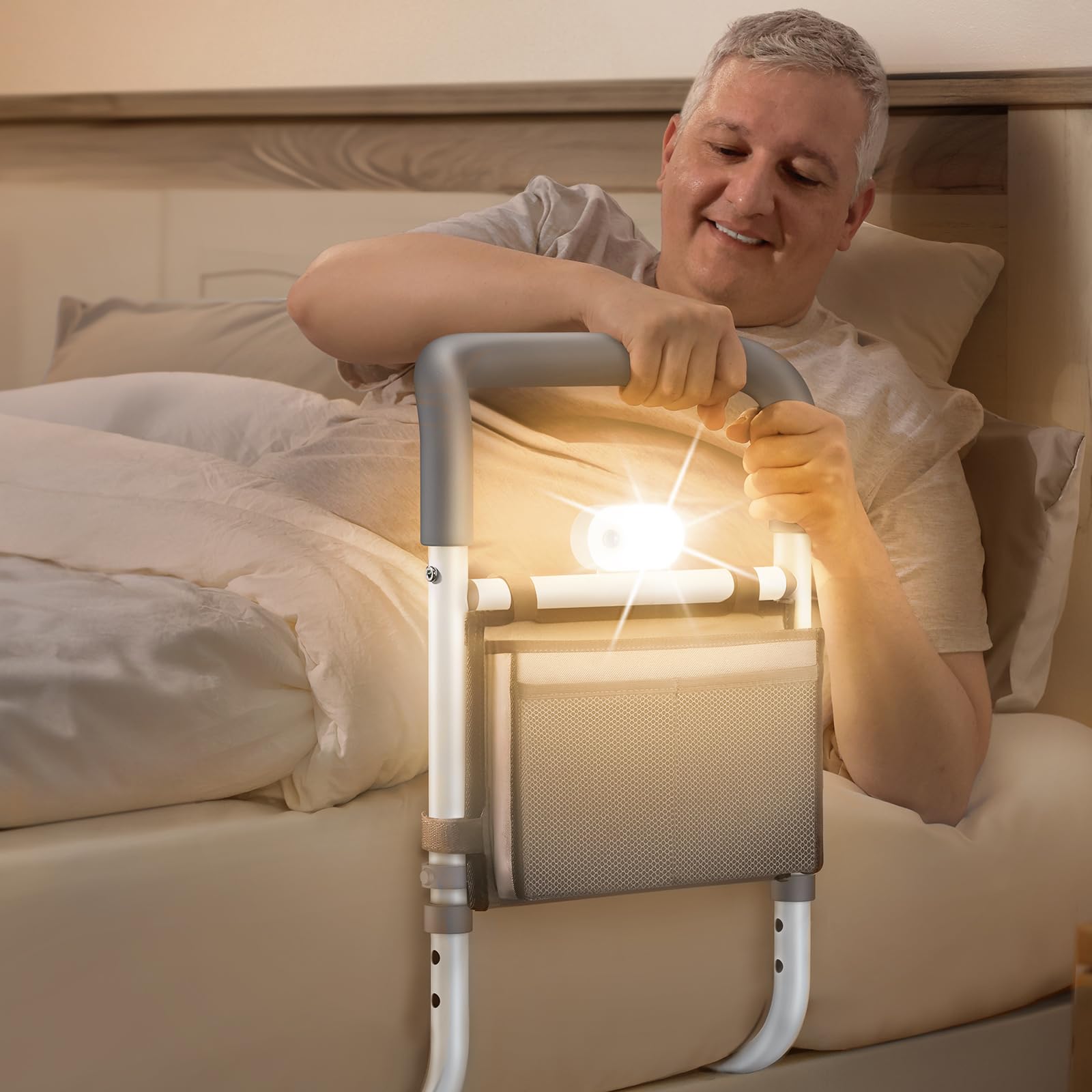 Adjustable Bed Rails for Elderly Adults - Safety Bed Assist Rail with Night Light & Storage Bag, Anti-Fall Bed Railings for Seniors - Ideal for Home Care, Hospitals, and Assisted Living Facilities