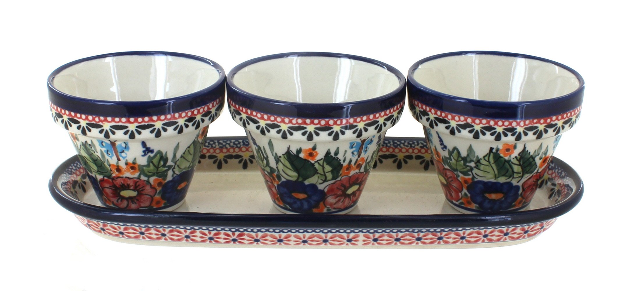 Blue Rose Polish Pottery Flower Pots with Tray - Floral Butterfly Design Ceramic Planters for Indoor Plants, Home Decor, and Garden Use