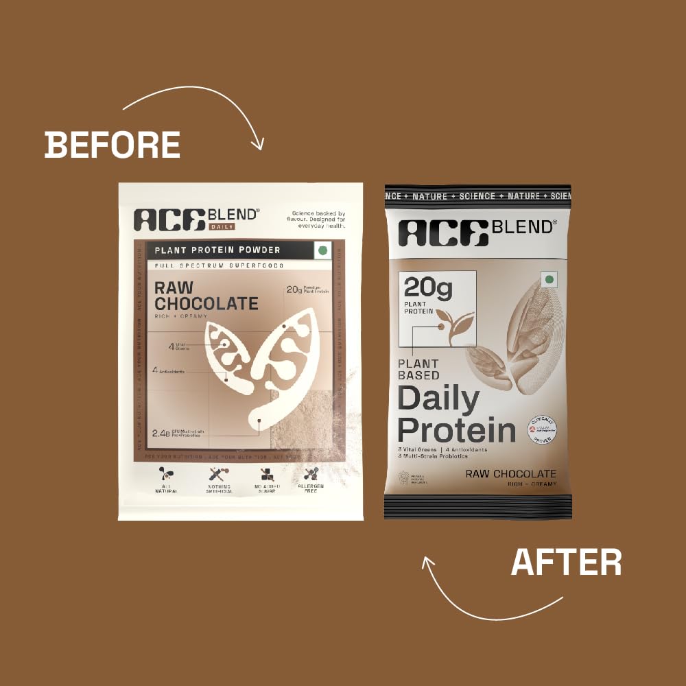 Ace Blend 20g Premium Plant-Based Protein Powder with Superfoods (15 Servings) | Raw Chocolate Flavor | Daily Protein Supplement | 4 Vital Greens & 4 Antioxidants | 3 Probiotics for Gut Health | Vegan & All Ages | Perfect for Smoothies, Post-Workout Recovery & Healthy Breakfast