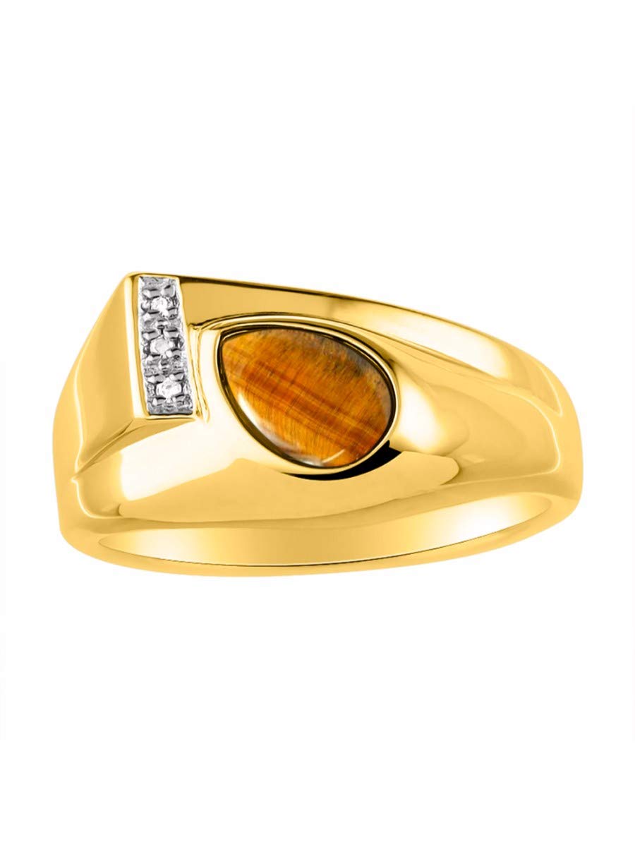 Rylos Men's Pear Shape Cabochon Gemstone & Diamond Rings - Elegant Tear Drop Yellow Gold Plated Silver Rings for Men (Sizes 8-13) - Perfect for Weddings, Anniversaries & Formal Occasions