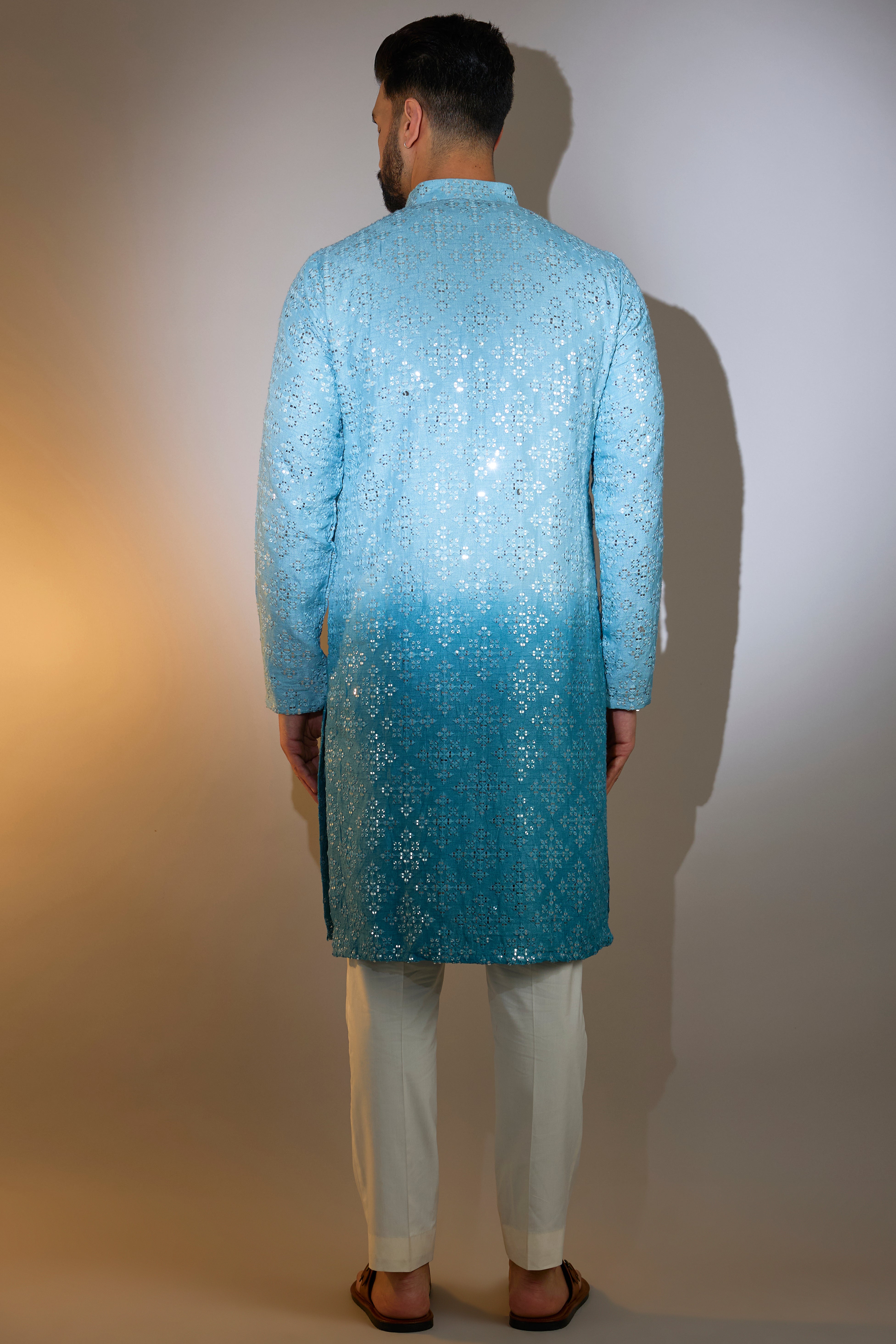 Ombre Shaded Blue Mirror Work Kurta - Traditional Indian Embroidered Tunic for Women - Perfect for Festivals, Weddings & Ethnic Parties