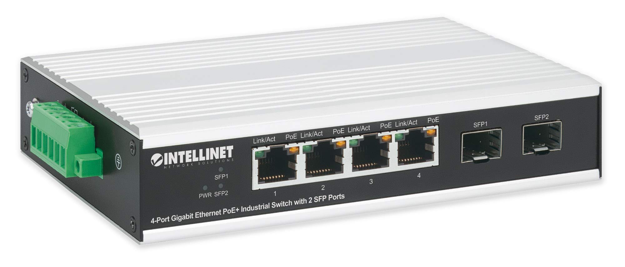 Intellinet 4-Port Gigabit PoE+ Industrial Ethernet Switch with 2 SFP Ports (508254) - Reliable Network Solution for Factories, Warehouses & Outdoor Installations