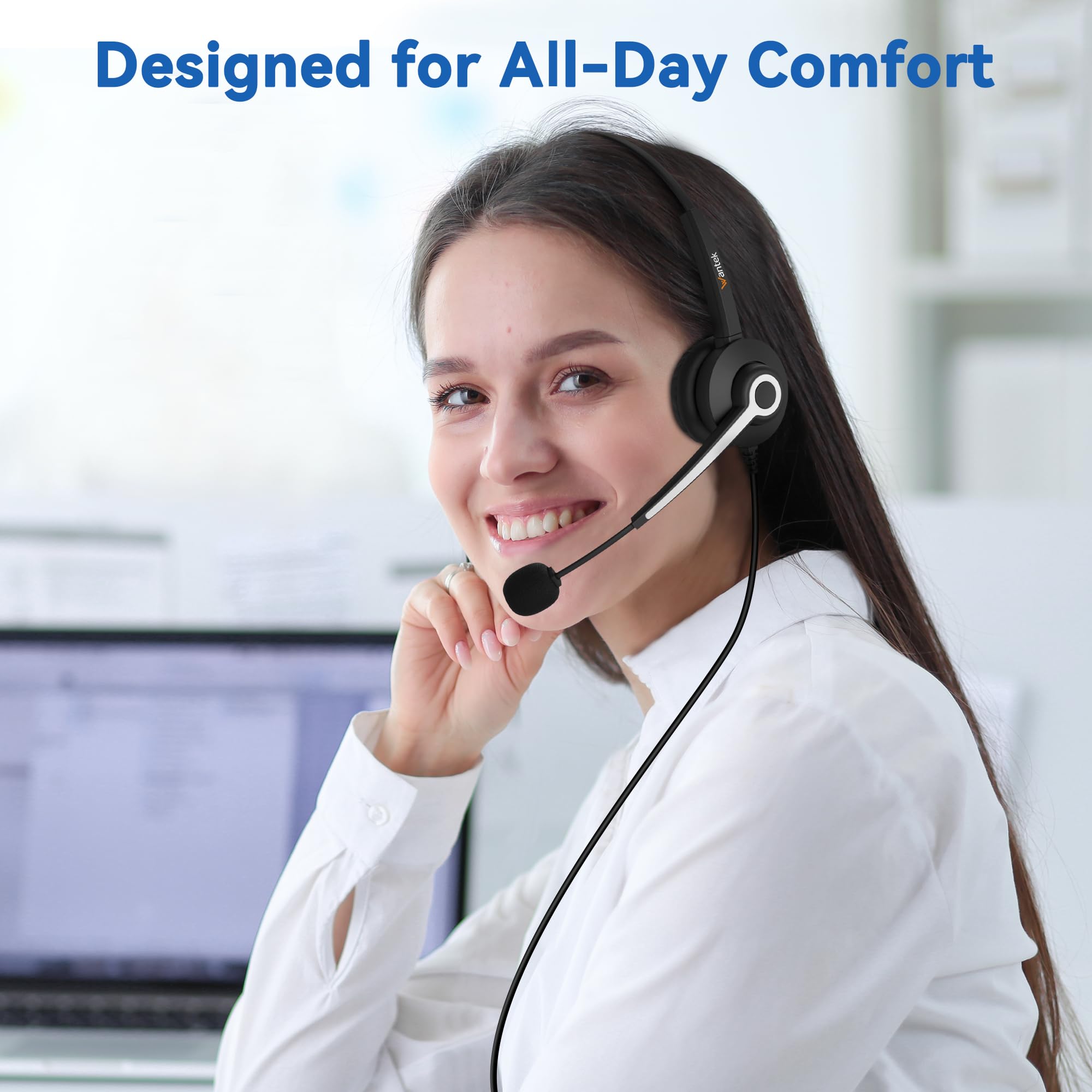 Wantek Noise Cancelling Phone Headset with Microphone - 2.5mm Jack Compatible with Panasonic, AT&T ML17929, Vtech, RCA, Cisco, Uniden, Polycom & Grandstream Cordless Phones - Perfect for Home Office, Call Centers & Customer Service