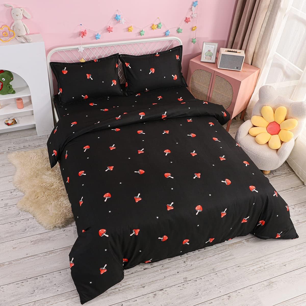 Cute Mushroom Duvet Cover Twin Size - Kawaii Cartoon Bedding Set with Red Mushroom Print - Farmhouse Botanical Comforter Cover for Kids Room - Soft Zipper Closure (Black) - Perfect for Nursery, Children's Bedroom & Cozy Farmhouse Decor
