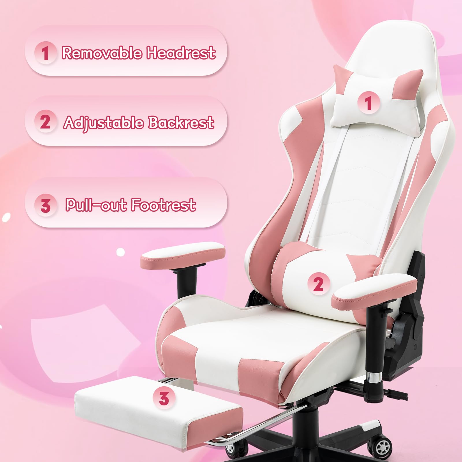 ECOTOUGE Ergonomic Gaming Chair with Footrest - Pink & White PC Office Desk Chair, Racing Style Recliner with Adjustable Headrest & Lumbar Support - Perfect for Gamers, Streamers & Home Office Workers