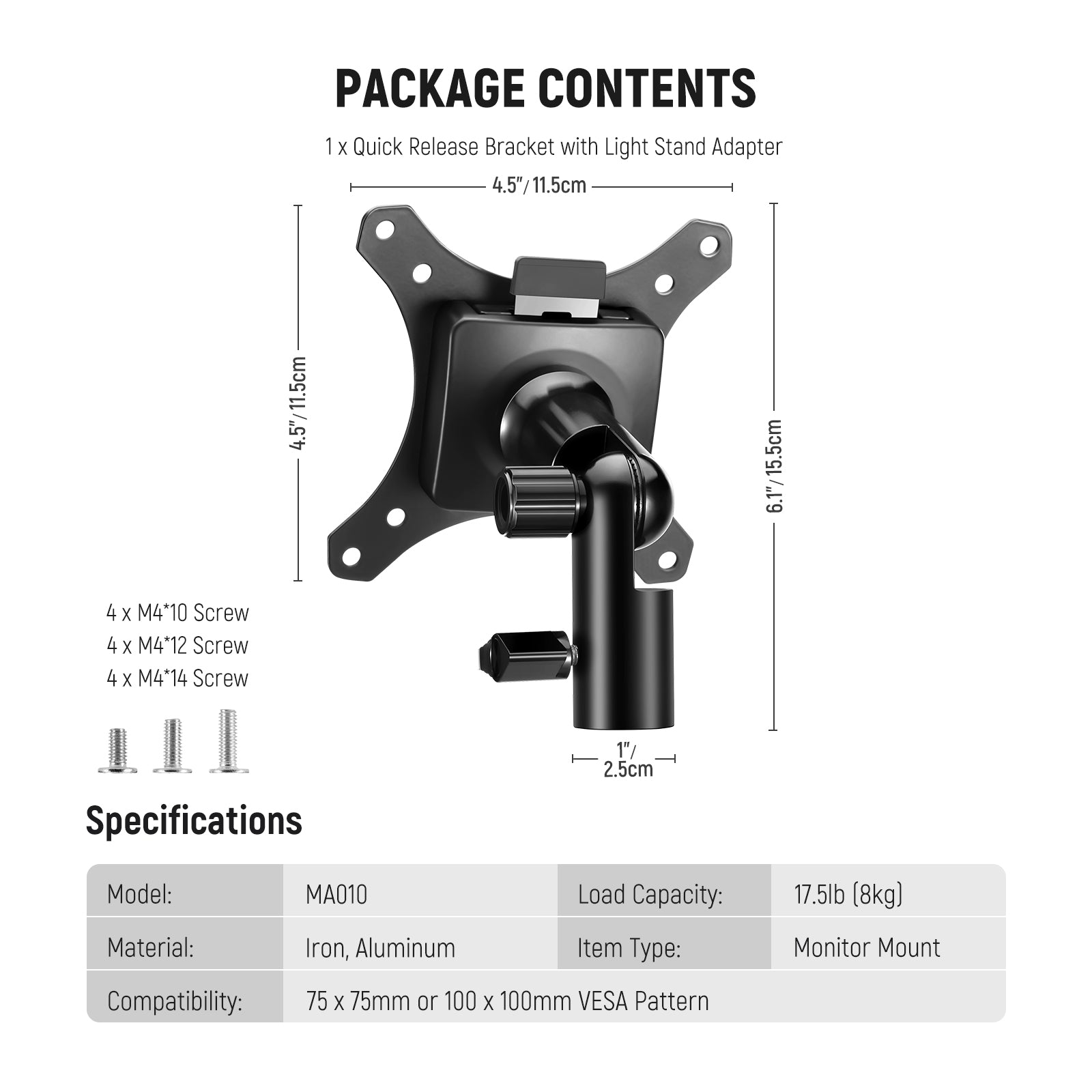 NEEWER MA010 Quick Release VESA Monitor Mount Adapter - Compatible with 75x75mm & 100x100mm Screens for Home Office, Gaming & Studio Setup