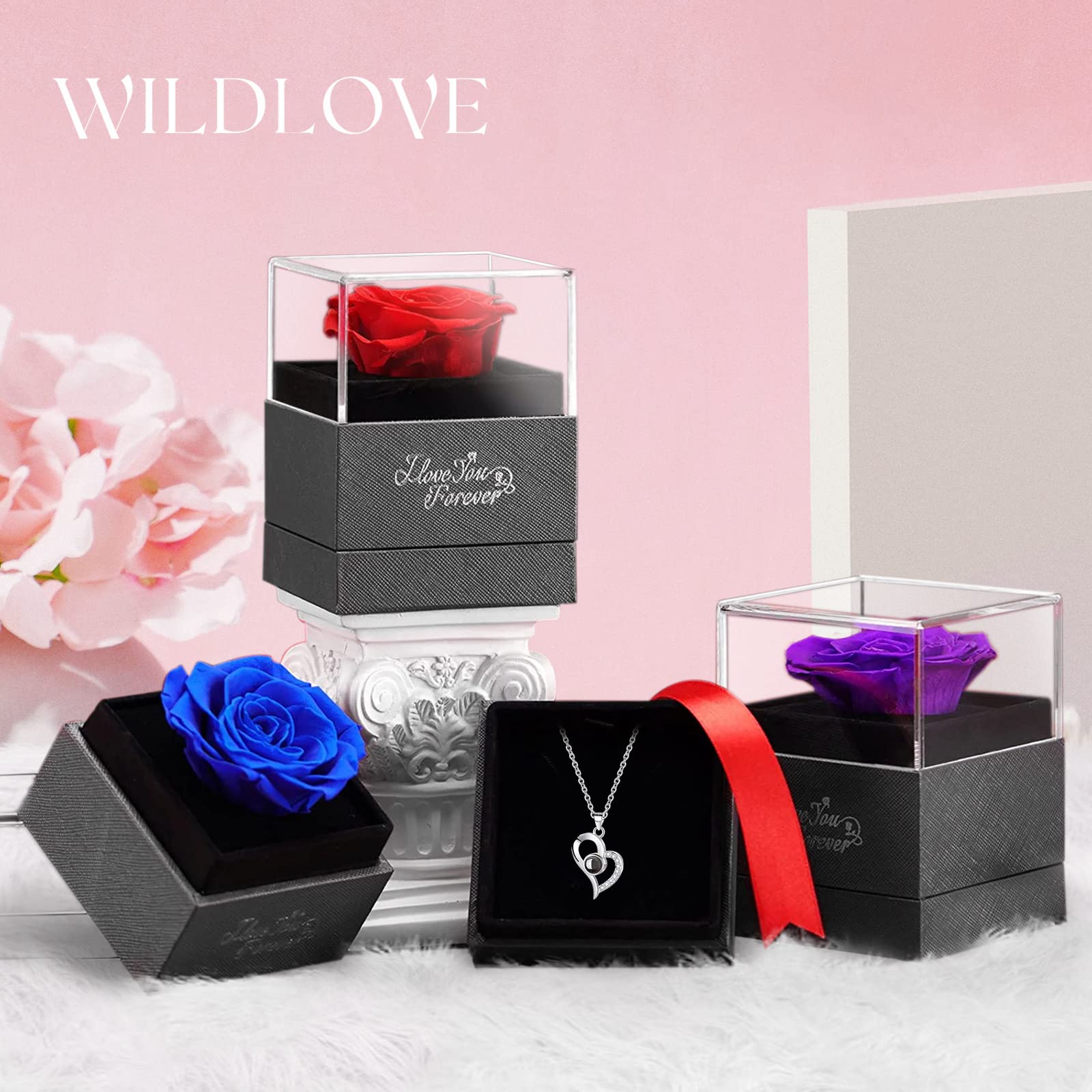 WILDLOVE Preserved Real Rose with 'I Love You' Necklace - Romantic Valentine's Day Gifts for Her, Wife, Girlfriend or Mom | Anniversary & Birthday Present for Women | Perfect for Date Nights, Proposals & Special Occasions
