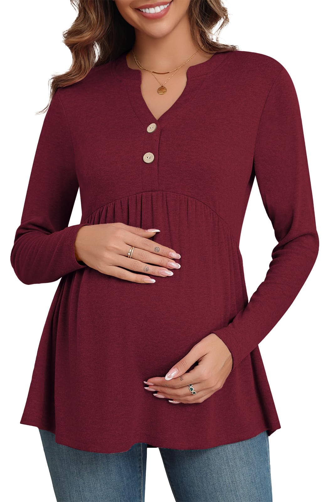 Xpenyo Women's Maternity Tops - Long Sleeve Pregnancy Shirts, V-Neck Button Down Tunic Blouse for Fall 2024 - Comfortable Casual & Dressy Maternity Wear for Work, Office & Everyday Outfits