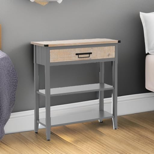 Rustic Farmhouse Console Table with Drawer - 3-Tier Entryway Table with Open Storage Shelves & Handmade Metal Handle - Narrow Sofa Table for Living Room, Hallway, Foyer - Perfect for Small Spaces & Home Decor (Grey)