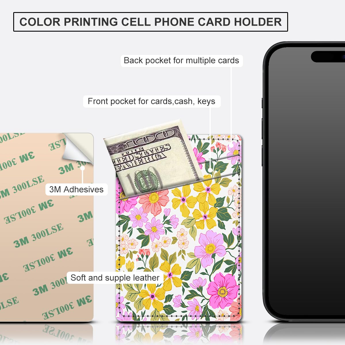 Leather Card Holder for Phone Case - Slim Wallet Sleeve with Dual Pockets for Credit Cards & ID - Stick-on Design Fits Most Smartphones - Bright Floral Pattern - Perfect for Travel, Shopping & Everyday Use