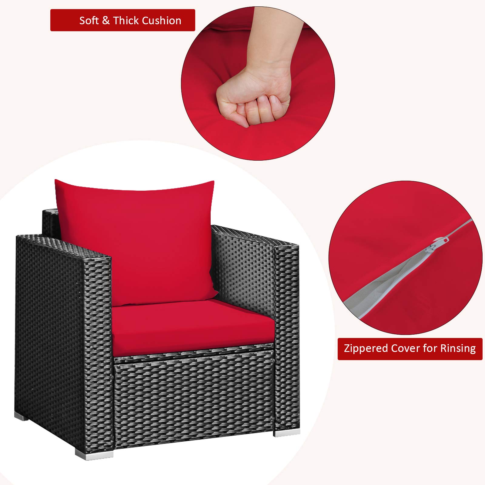 Tangkula 3-Piece Outdoor Patio Furniture Set - PE Rattan Wicker Sofa with Washable Cushions & Tempered Glass Table - Garden, Poolside, Backyard Conversation Set (Red) | Perfect for Outdoor Relaxation, Entertaining Guests, and Lounging by the Pool