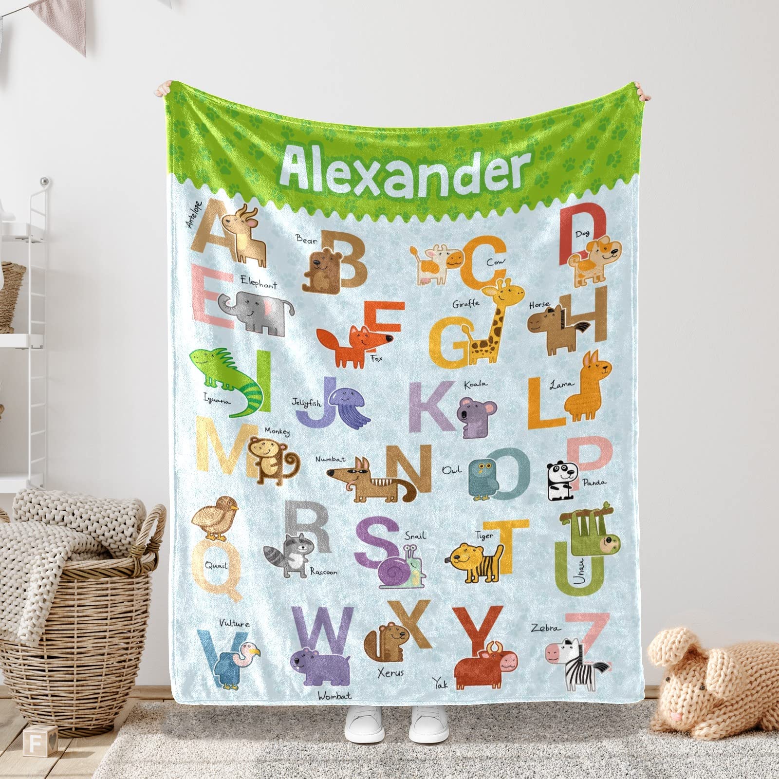 Personalized Baby Blankets for Boys and Girls - Custom Zoo Animal Alphabet Newborn Receiving Blanket with Name - 50x60 Inch Soft Baby Shower Gift for Nursery, Christening, and First Birthday