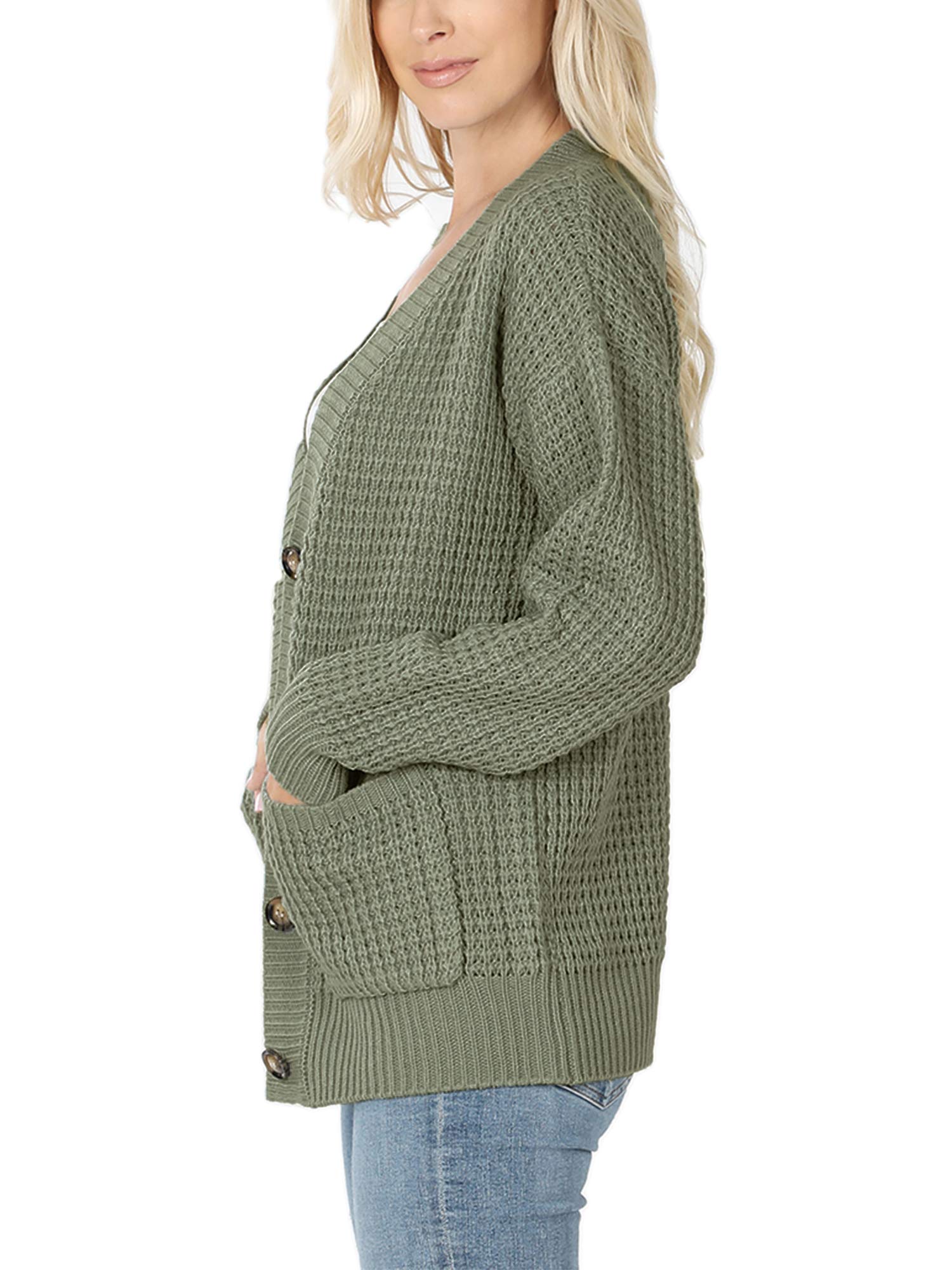 KOGMO Women's Waffle Knit Button Front Cardigan with Pockets - Cozy Fall Winter Sweater for Casual Outfits & Layering