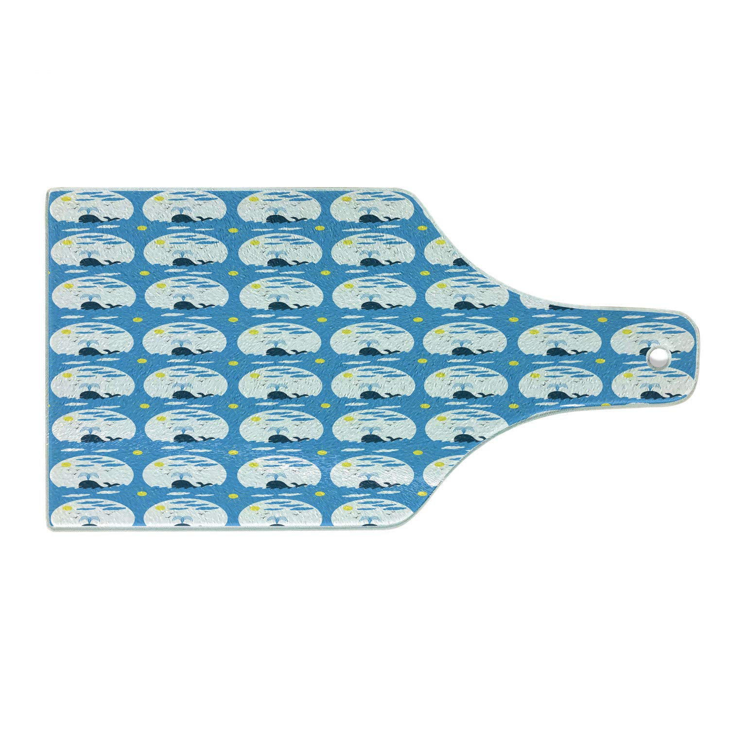 Ambesonne Whales Tempered Glass Cutting Board - Sunrays Waves Clouds Circle Design - Decorative Serving Board for Kitchen & Cheese Platter - Wine Bottle Shape in Sky Blue, Yellow & White - Perfect for Entertaining & Gift Giving