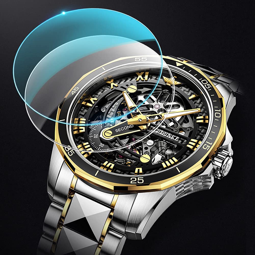 OLEVS Automatic Skeleton Men's Luxury Watch - Mechanical Self-Winding Sapphire Crystal Tungsten Steel Wristwatch - 50M Waterproof & Luminous - No Battery Needed - Perfect for Business, Formal Events & Everyday Wear