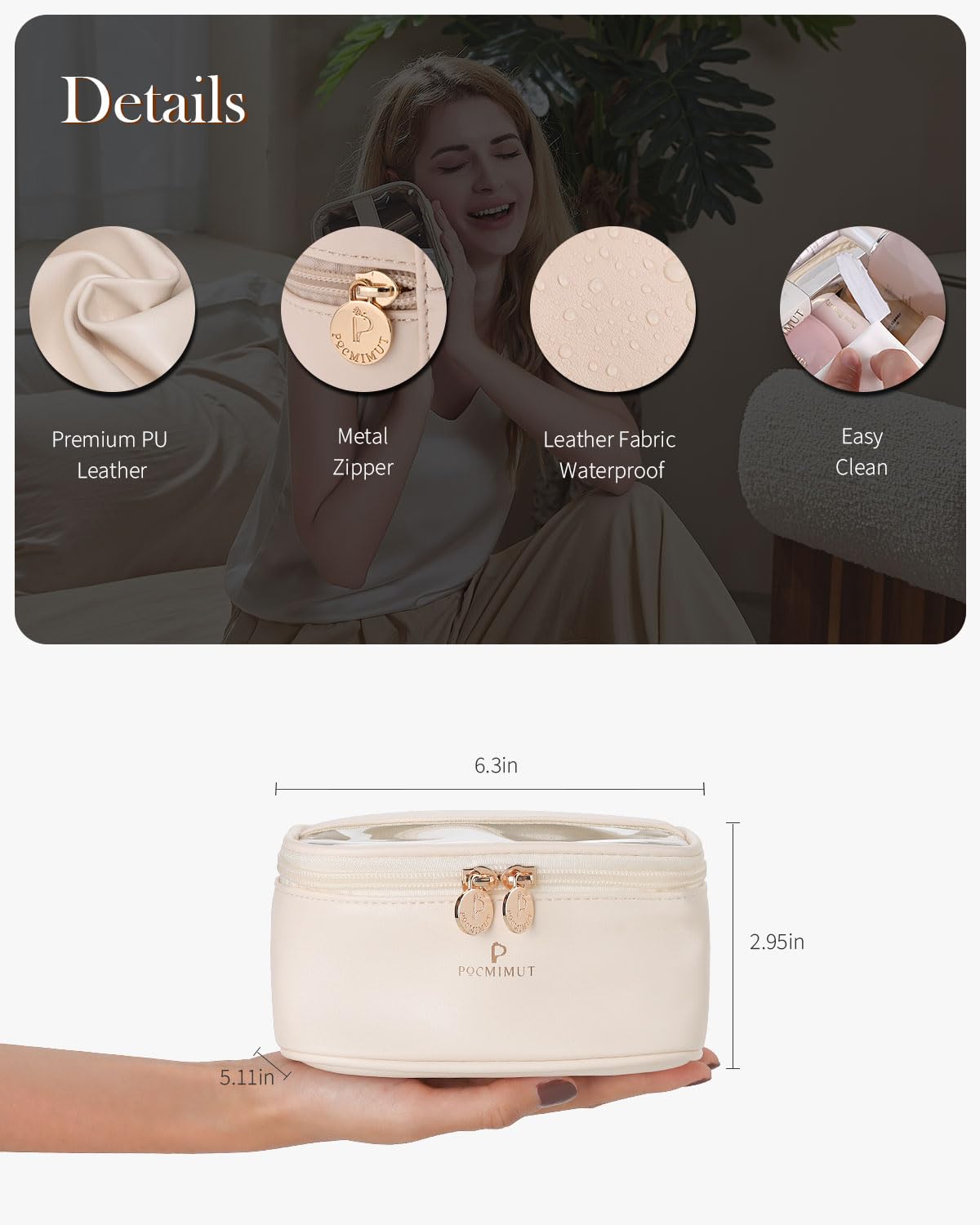 Pocmimut Clear Makeup Bag for Women - Waterproof Travel Cosmetic Organizer | Portable Toiletry Bag for Car, Gym & Vacation Essentials (Beige)