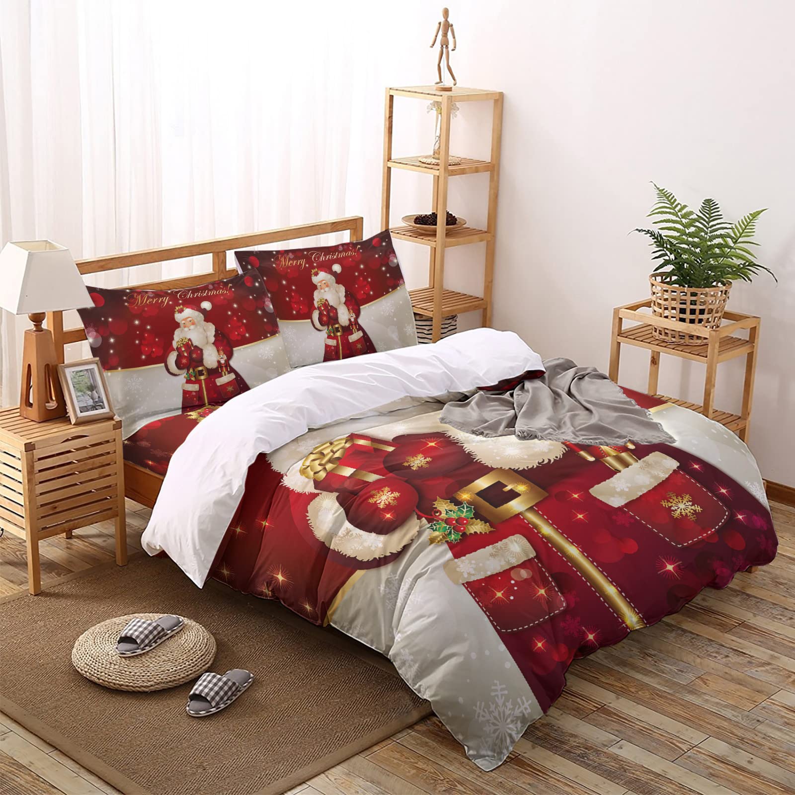 Full Size Christmas Santa with Gift 4-Piece Bedding Set - Soft Duvet Cover, Fitted Sheet & 2 Pillowcases | All-Season Red Xmas Snowflake Design | Perfect for Holiday Decor, Guest Rooms & Cozy Winter Nights