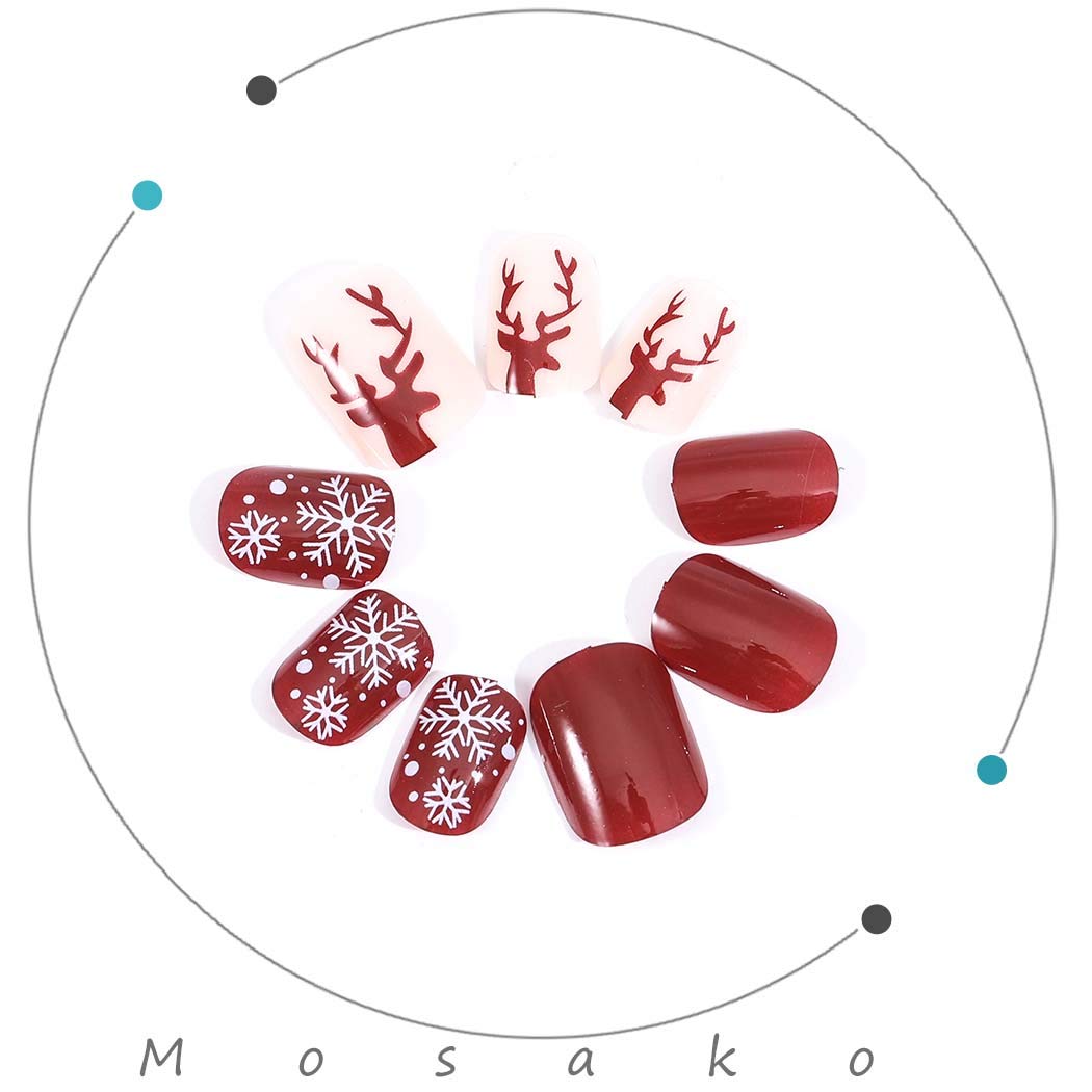 Mosako Christmas Snowflake Press-On Nails - 24Pcs Red Glossy Fake Nails with Deer Design, Acrylic Full Cover Artificial Fingernails for Women & Girls | Perfect for Holiday Parties, Gift Giving & Festive Nail Art