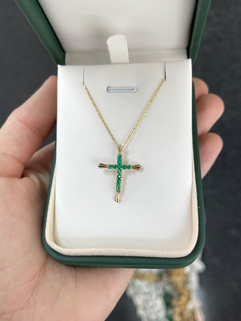 0.95tcw Zambian Emerald Bluish Green Cross Pendant in 18K Gold - Perfect for Religious Gifts, Baptism, First Communion & Spiritual Jewelry Collection