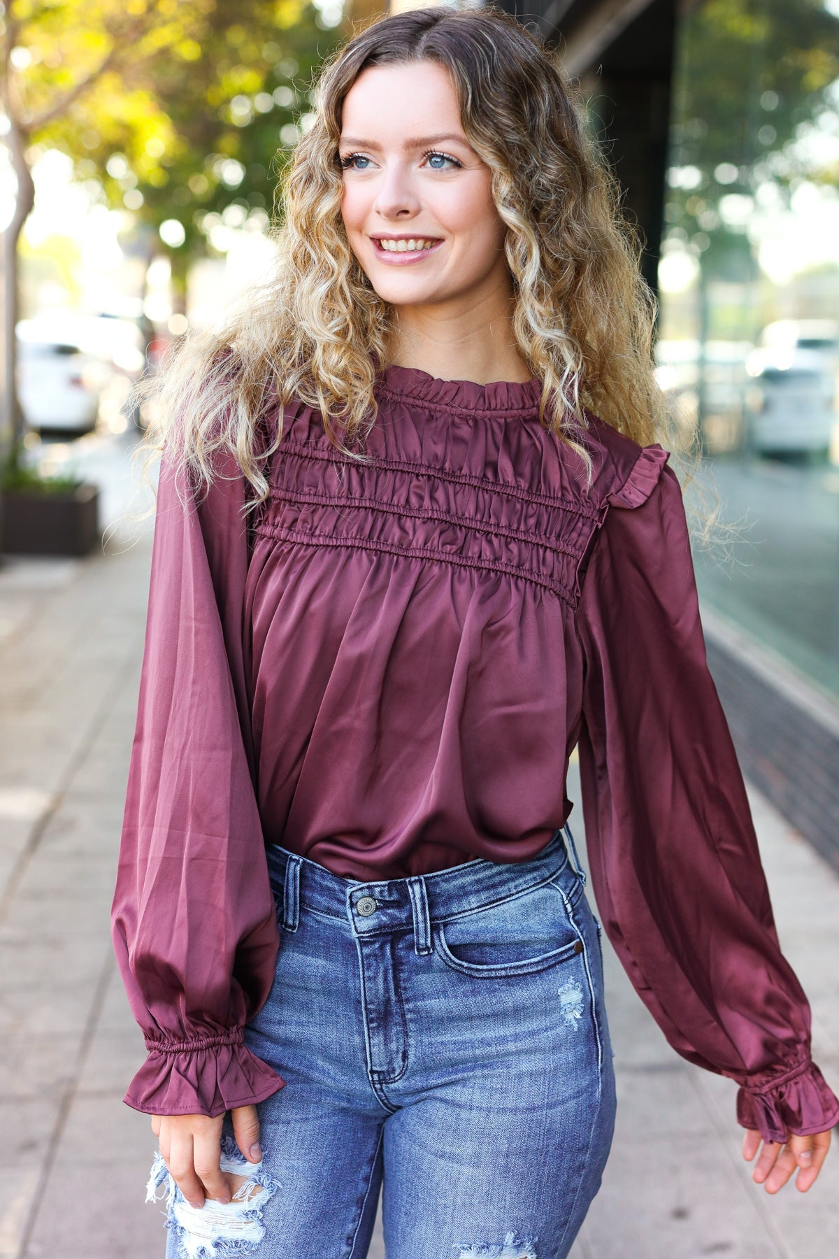 Stylish Wine Satin Shirred Yoke Frilled Mock Neck Top for Women | Elegant Blouse for Date Night, Parties & Special Occasions