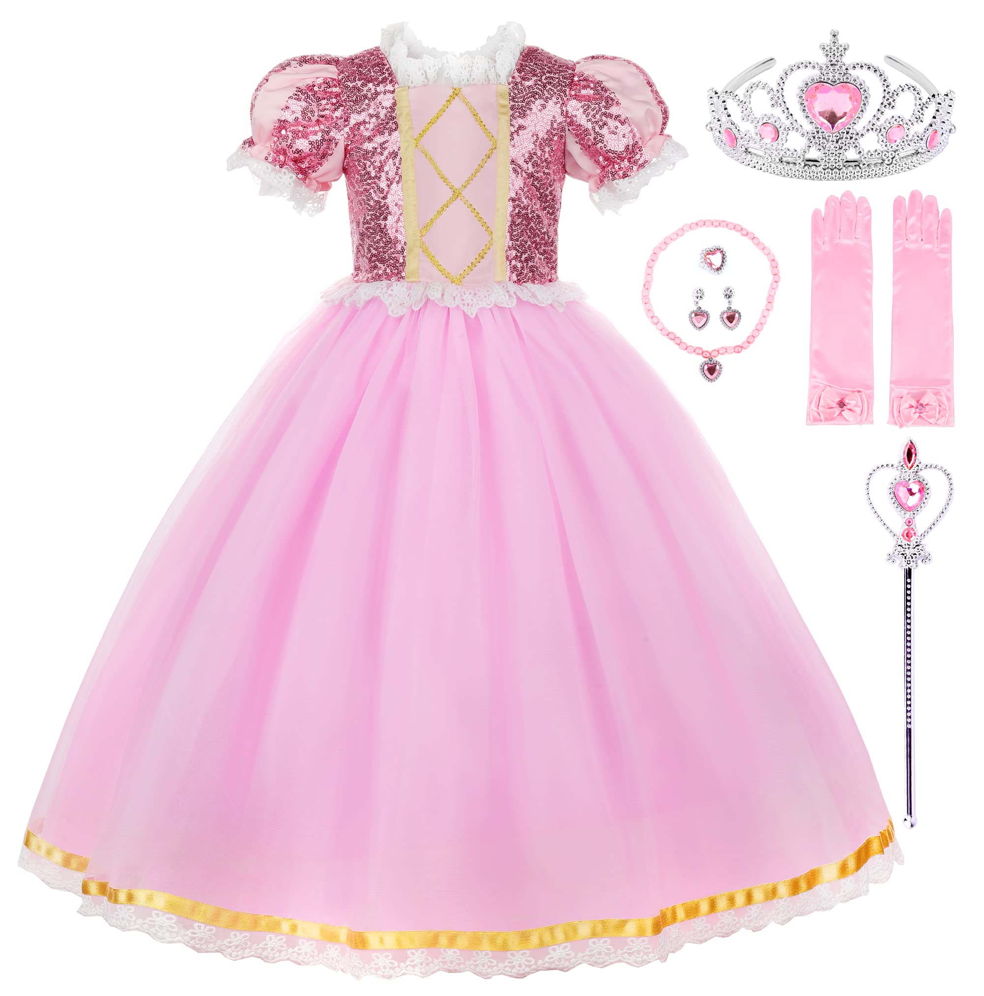 Vgolar Sparkly Princess Costume for Girls - Elegant Sequined Party Dress with Tiara & Accessories - Perfect for Halloween, Birthday Parties & Dress-Up Play