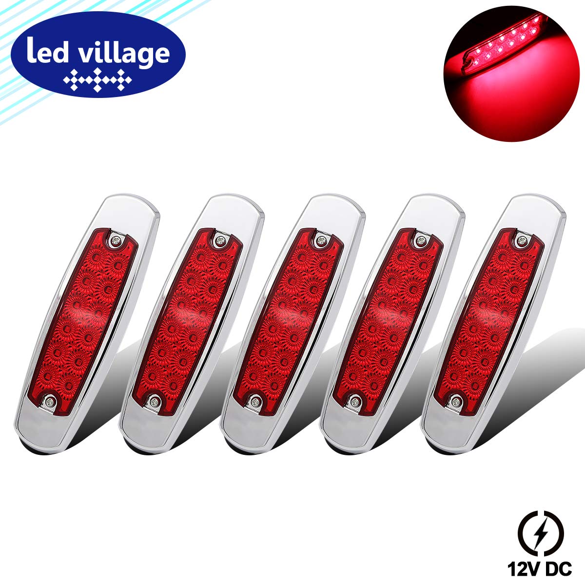 12V DC 6.4 Inch Slim Red LED Side Marker Lights - Waterproof Flush Mount Clearance Lamps for Trucks, Trailers, Lorries, Towing Vehicles [Pack of 5] - Durable Chrome Button Design for Safe Night Driving & Road Visibility