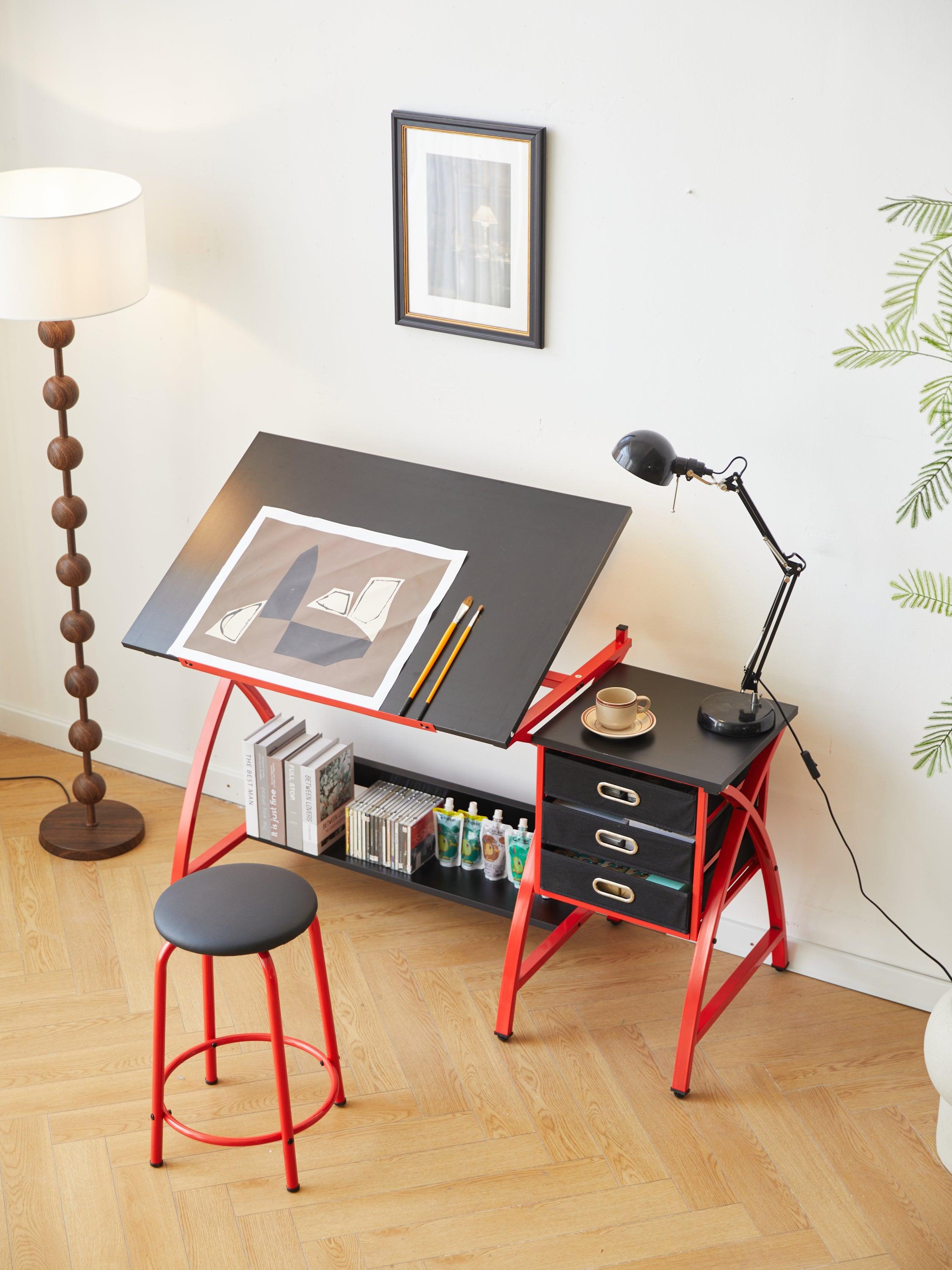 Adjustable Red Drafting Table with Stool - Perfect for Artists, Architects & Students - Home Office & Studio Drawing Desk