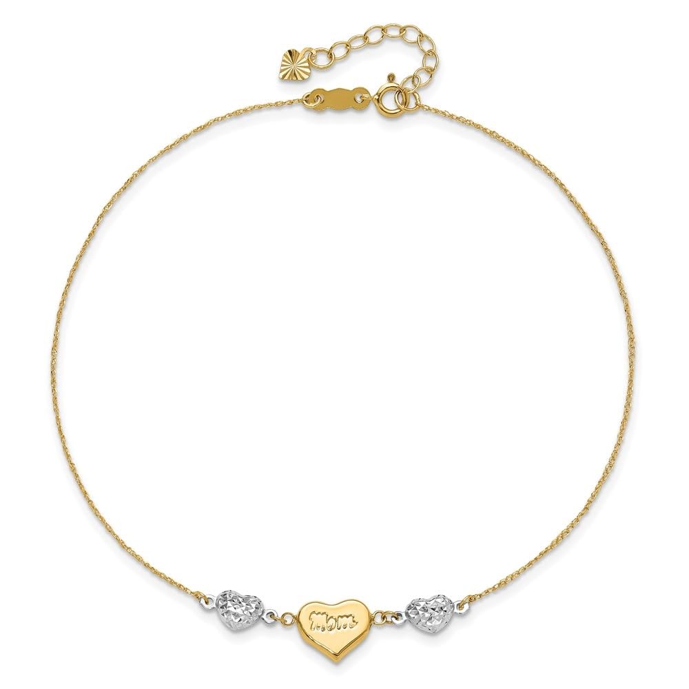 14K Two-Tone White & Yellow Gold Diamond-Cut Puffed Heart Anklet with 10in Chain + 1in Extender - Perfect for Mother's Day Gifts, Anniversary & Special Occasions
