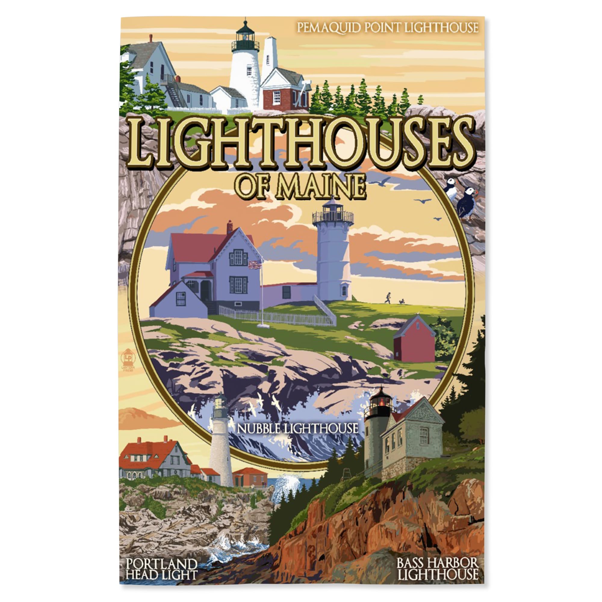 Lantern Press 16x24 Inch Giclee Art Print - Lighthouses of Maine Montage Wall Decor | Coastal Home Decor, Living Room & Office Wall Art | Perfect for Beach House & Nautical Theme Decorations