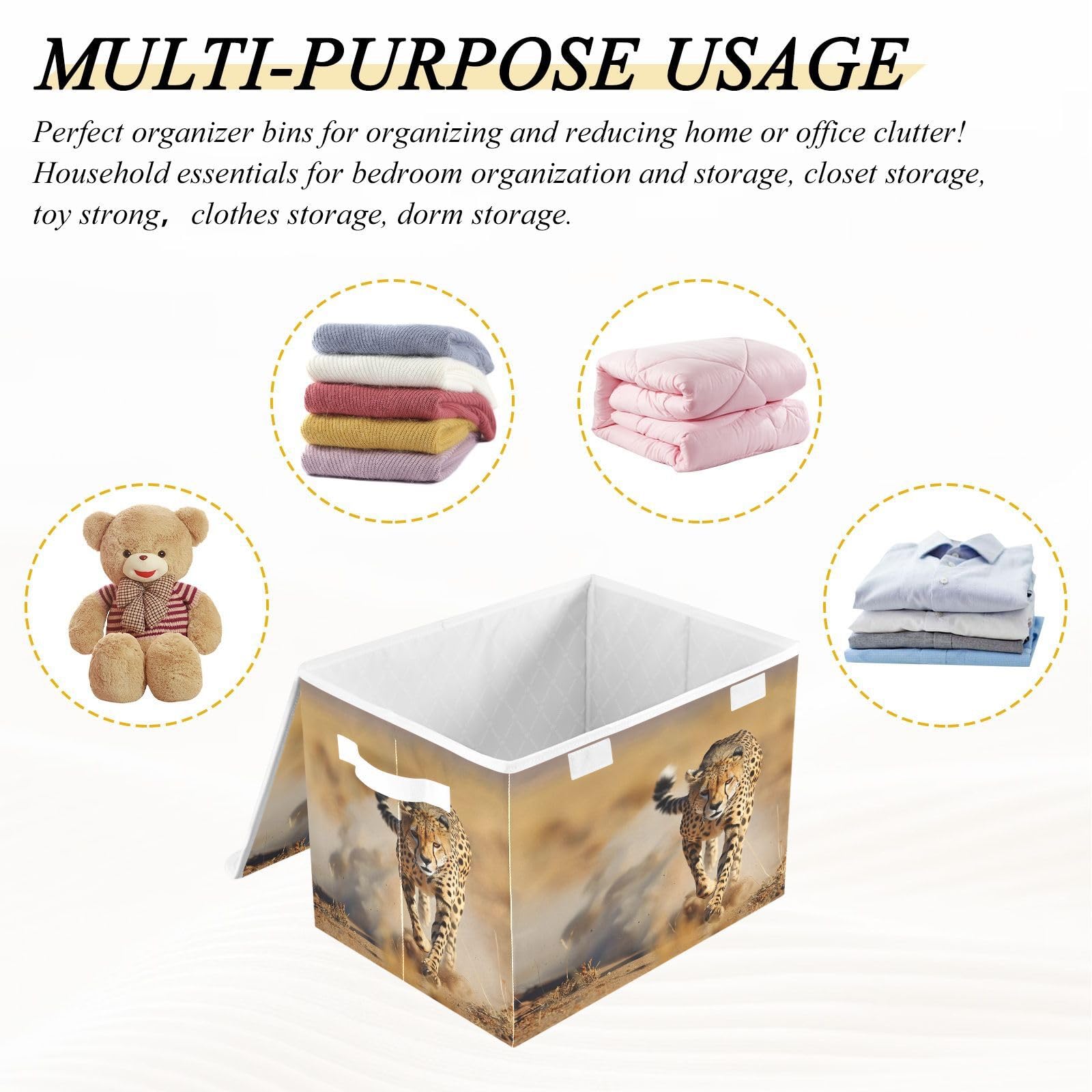 Cheetah Print Foldable Storage Bins with Lids - Collapsible Fabric Containers & Organizer Baskets for Bedroom, Closet, Office & Home Organization | Perfect for Clothes, Toys & Seasonal Storage