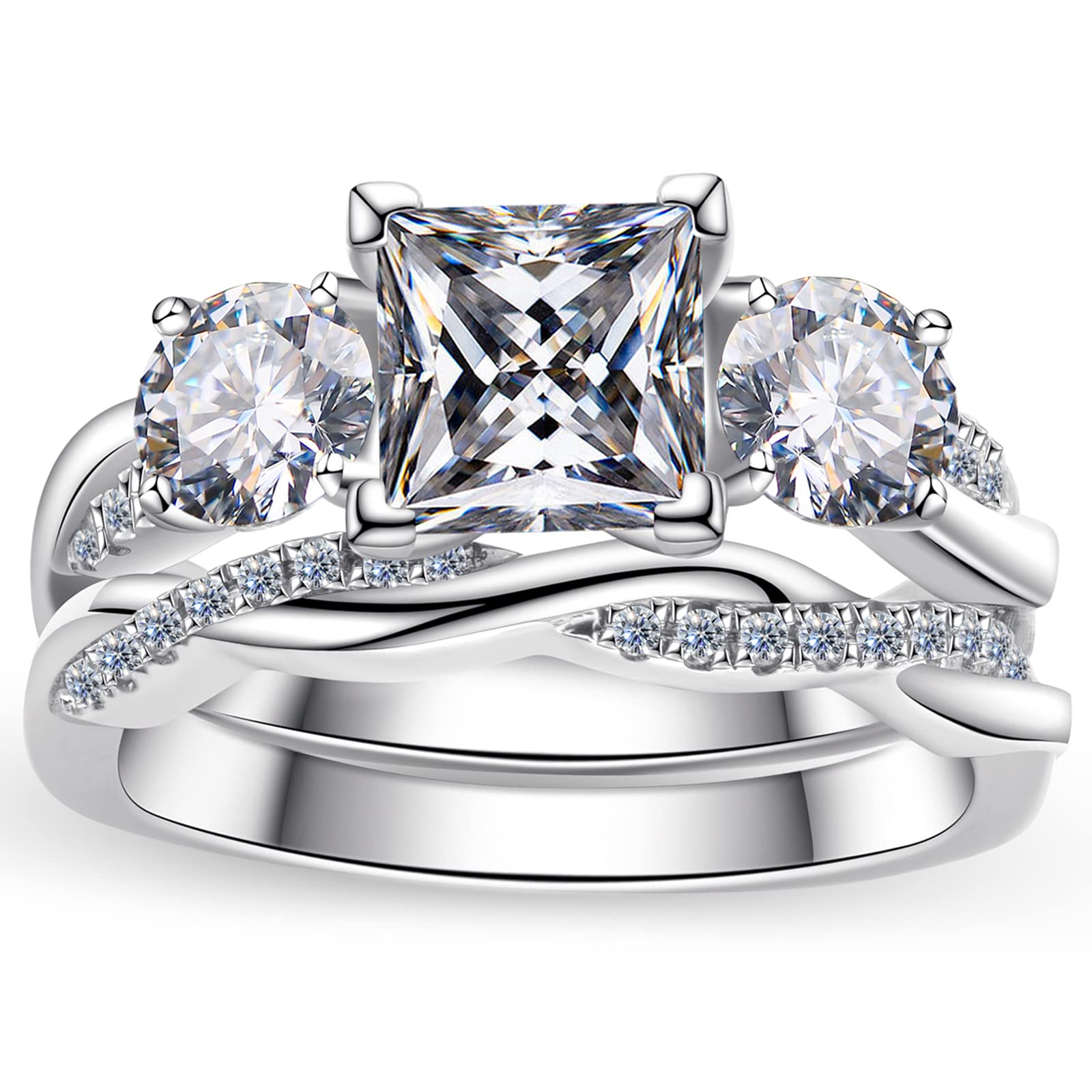 CannyCat 3.25 Carat Princess Cut Moissanite Wedding Ring Set for Women - D Color Radiant Bridal Set, Infinity Anniversary Engagement Ring (Size 5) - Perfect for Proposals, Weddings & Special Occasions