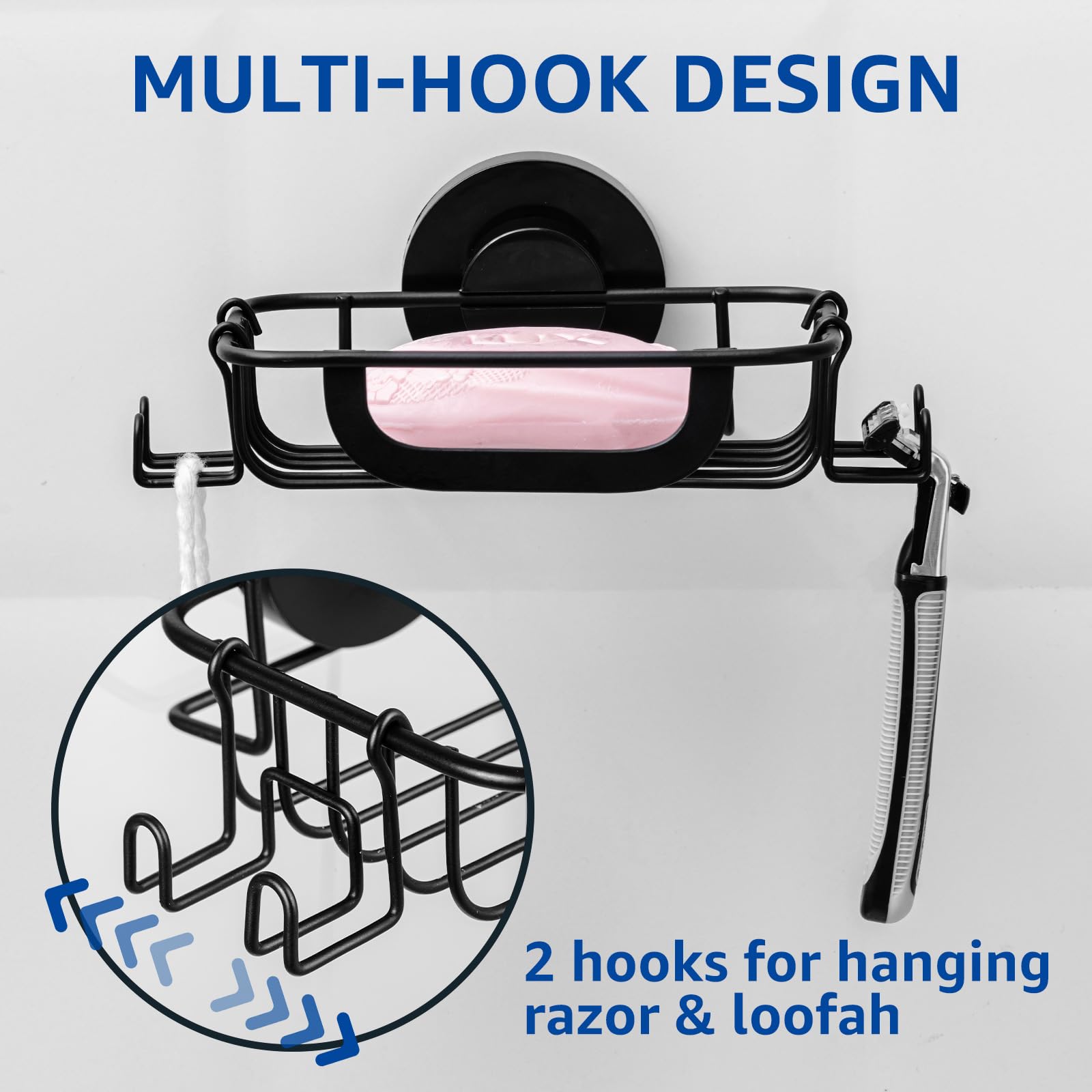 Stainless Steel Soap Dish with Suction Cup & 4 Hooks - Rustproof Bar Soap Holder & Sponge Tray for Shower, Bathroom, Kitchen - No Drill Installation, Black - Perfect for Organizing Bath Essentials & Keeping Countertops Dry