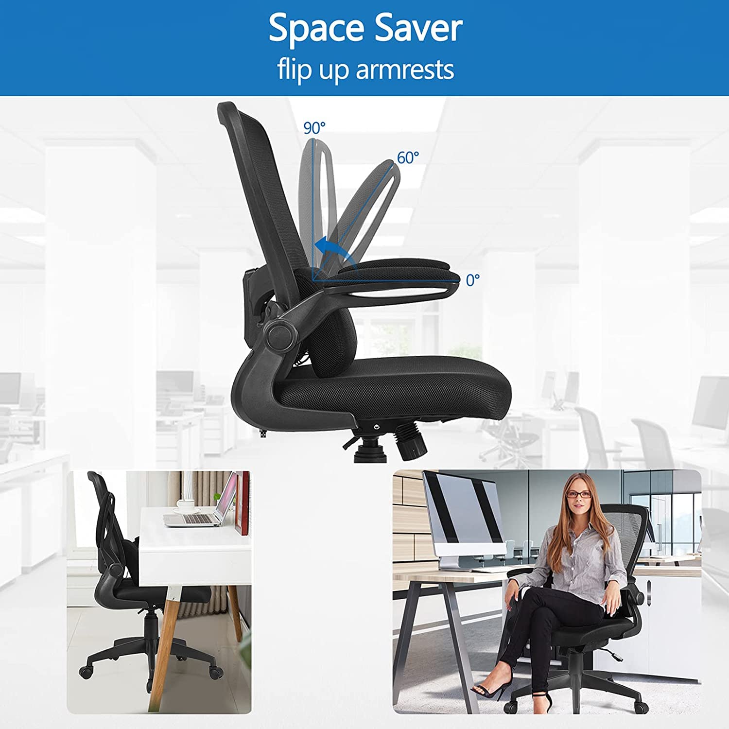 Ergonomic Mesh Office Chair with Lumbar Support, Flip-Up Padded Armrests & Height Adjustable Tilt Mechanism - Black - Perfect for Home Office, Gaming & Workspace Comfort