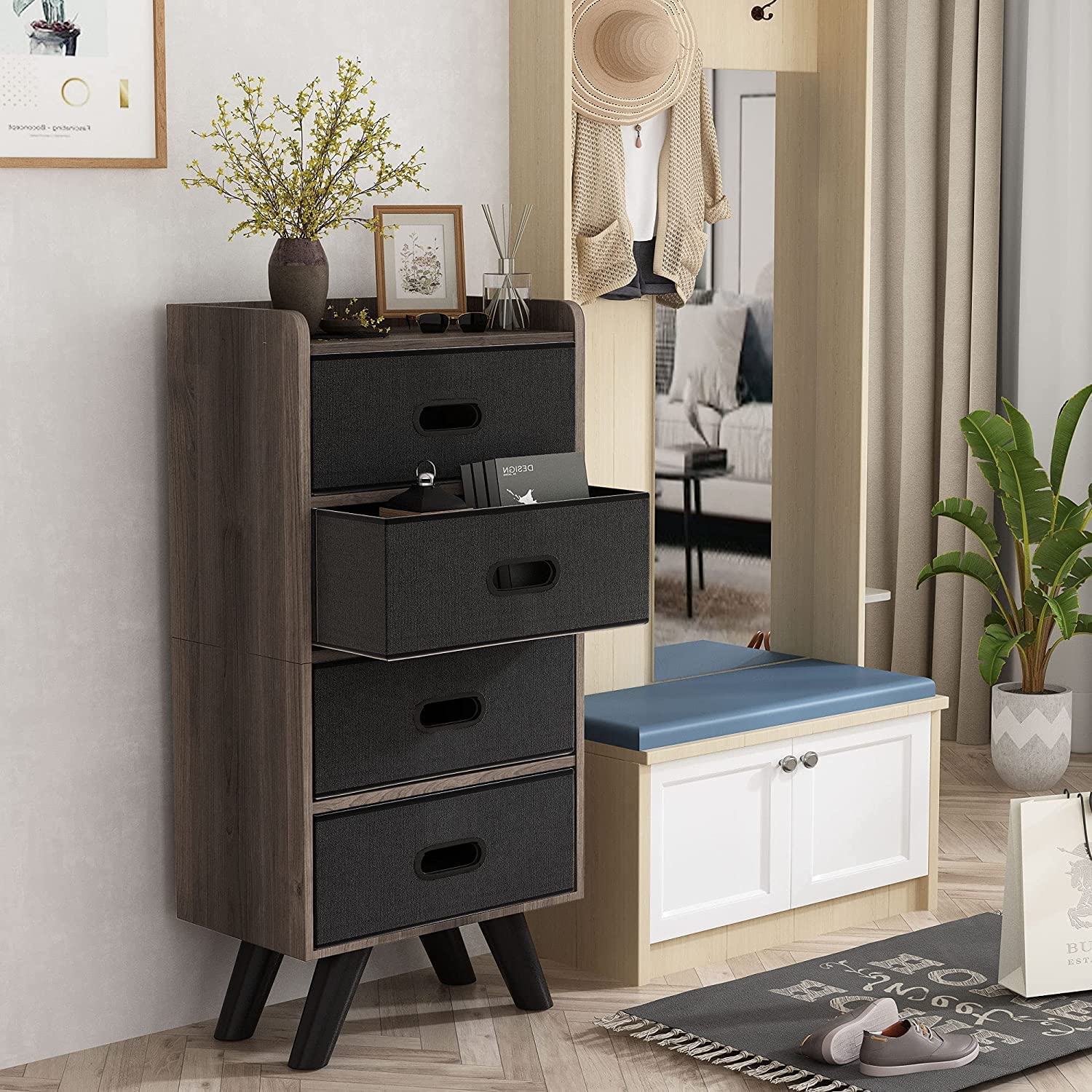 Lamerge 4-Drawer Storage Organizer Cabinet with Removable Fabric Bins - Wooden Frame Closet & Bedroom Organizer - Entryway, Hallway Storage Solution - Dark Brown & Grey (SD4-01) | Perfect for Clothes, Toys, Office Supplies & Home Organization
