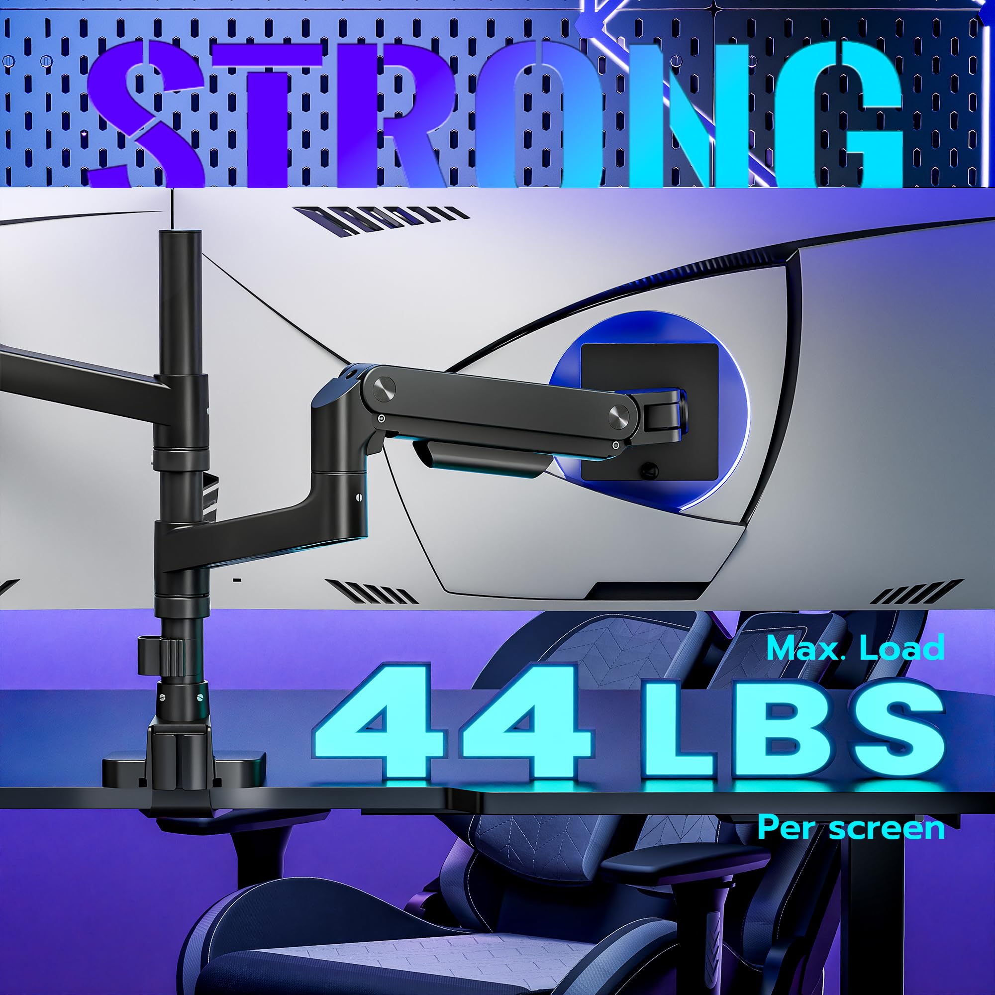 ARES WING Dual Monitor Arm Desk Mount - Heavy Duty Gas Spring Stand for 17 to 49 Inch Ultrawide Screens (Up to 44 lbs) - Vertical Stacking Full Motion VESA 75x75/100x100 Mount - Black - Perfect for Home Office, Gaming Setup & Workspace Ergonomics