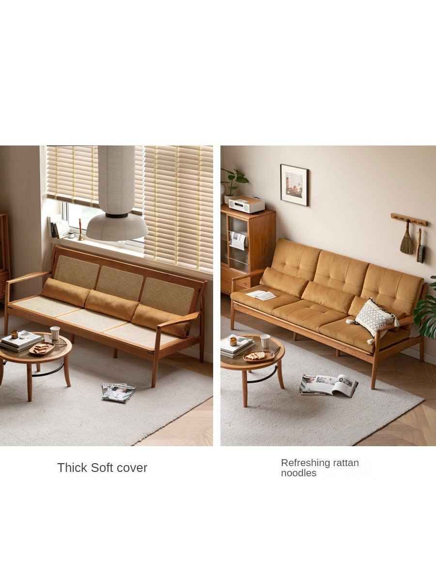 Vintage Oak Solid Wood Rattan Sofa - Convertible 2-in-1 Couch & Daybed for Living Room, Bedroom or Patio