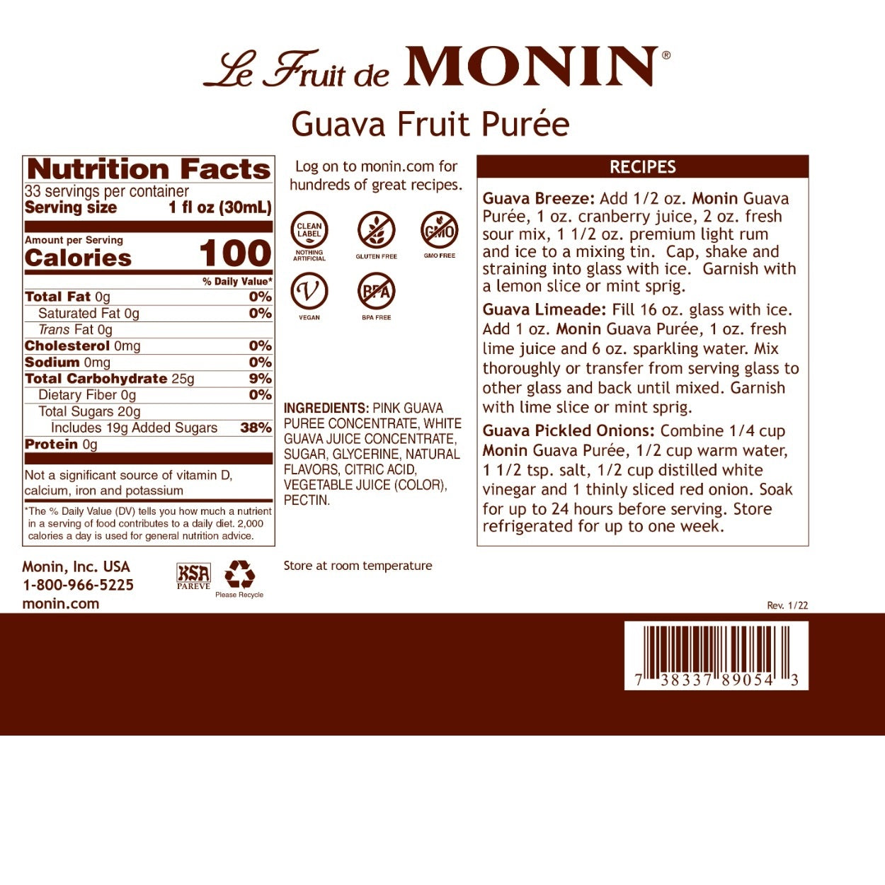 Monin Guava Puree Syrup - Premium Fruit Puree for Cocktails, Smoothies & Desserts - Perfect for Mixing Drinks, Baking & Gourmet Recipes