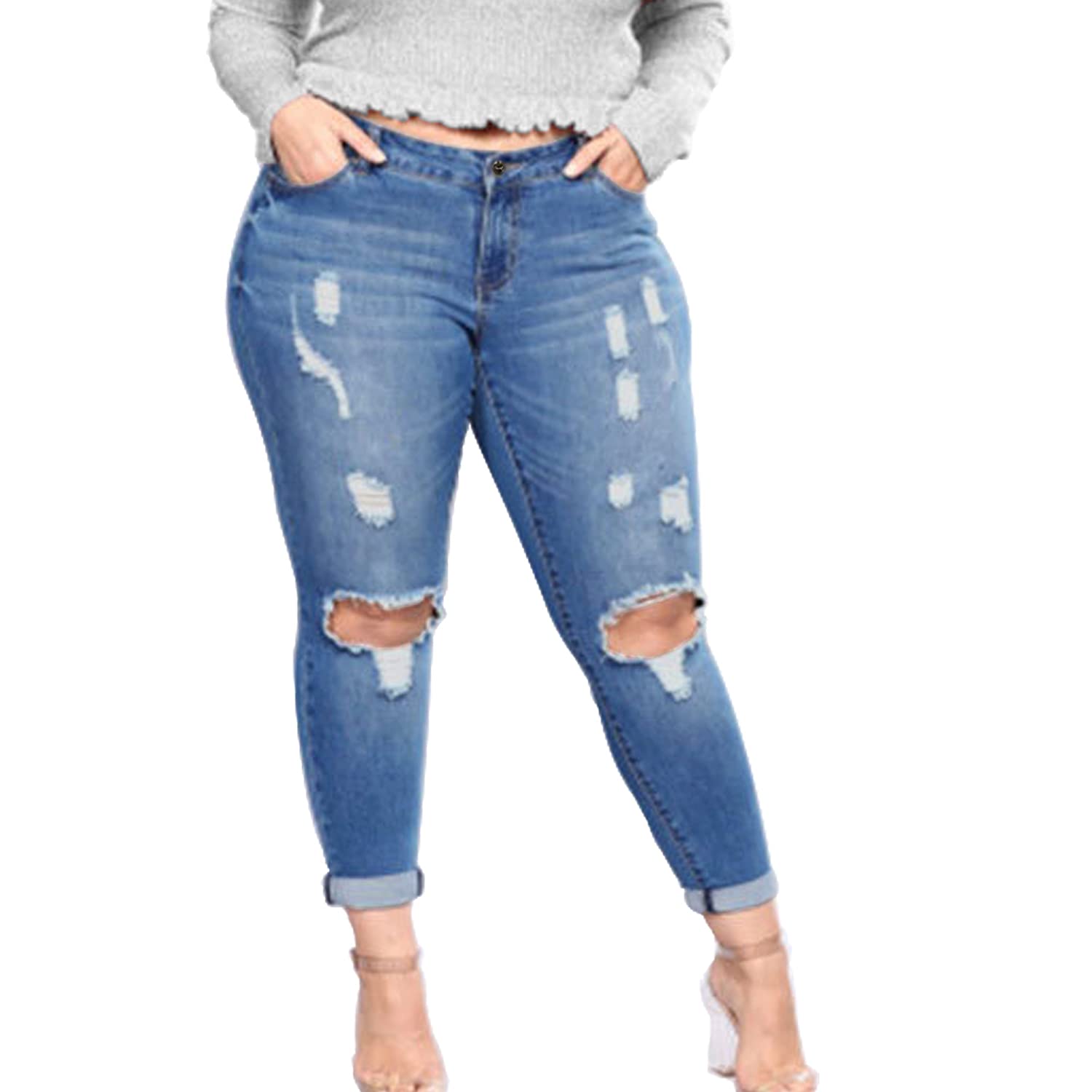 Tulucky Women's Plus Size Boyfriend Jeans - Distressed Ripped Denim Pants with Stretch, Comfortable Skinny Fit for Casual Wear & Everyday Outfits