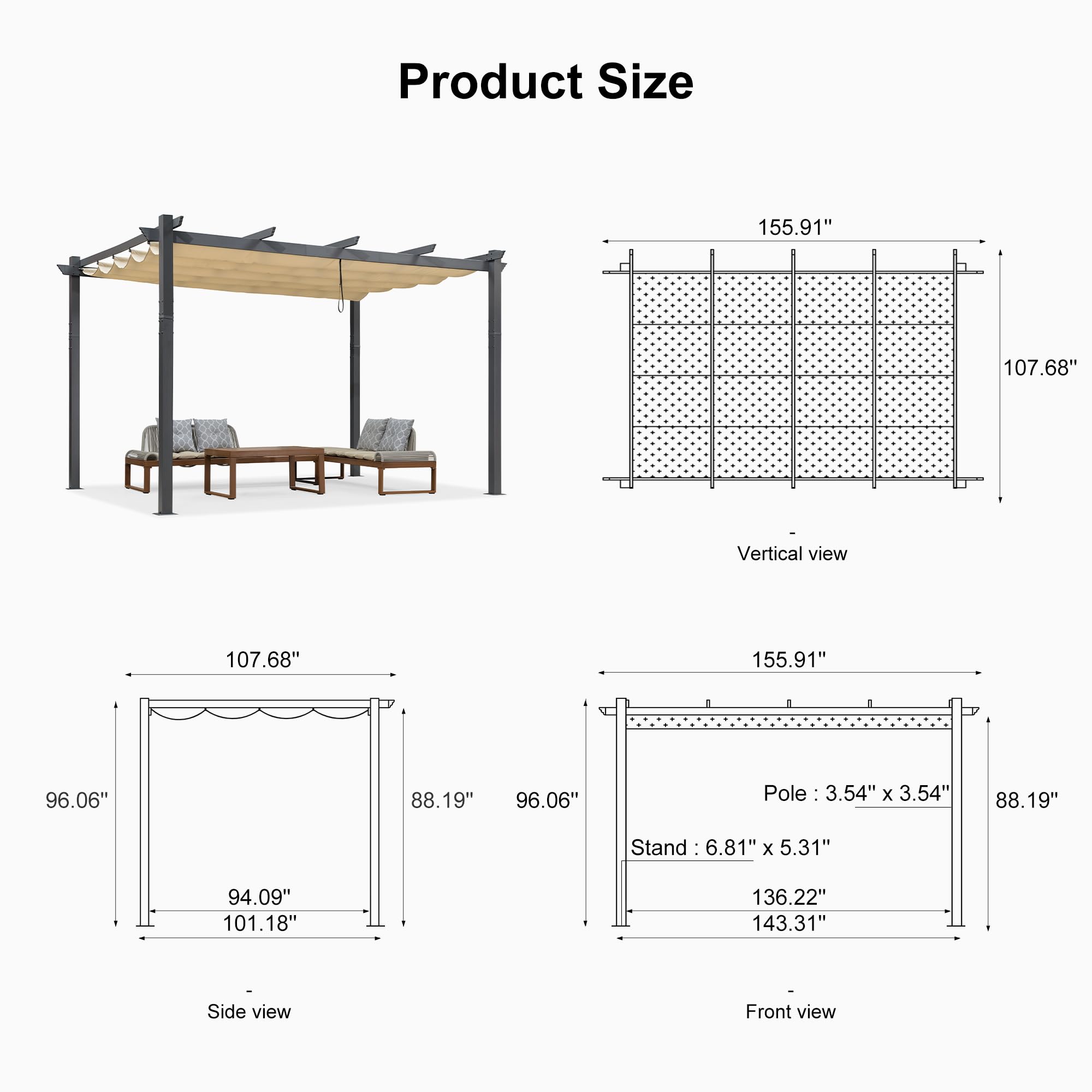 PURPLE LEAF 9.5' X 13' Outdoor Retractable Wall-Mounted Pergola with Beige Shade Canopy - Aluminum Patio Shelter for Backyard, Garden, Porch, Pavilion & Grill Area - Perfect for Outdoor Dining, Lounging and Entertaining