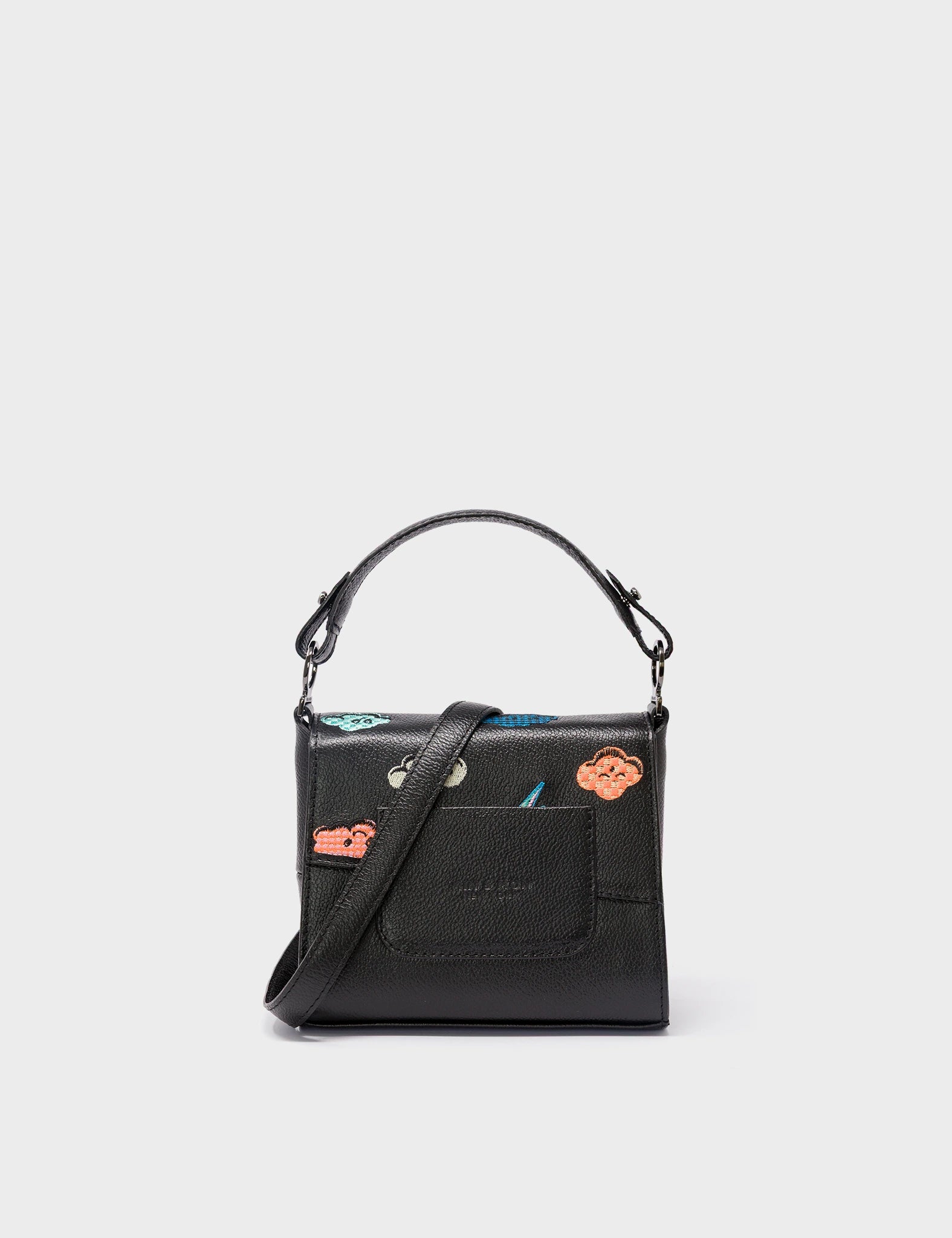 Anastasio Black Leather Micro Crossbody Handbag with Happy Clouds Design - Perfect for Everyday Use, Travel & Casual Outings