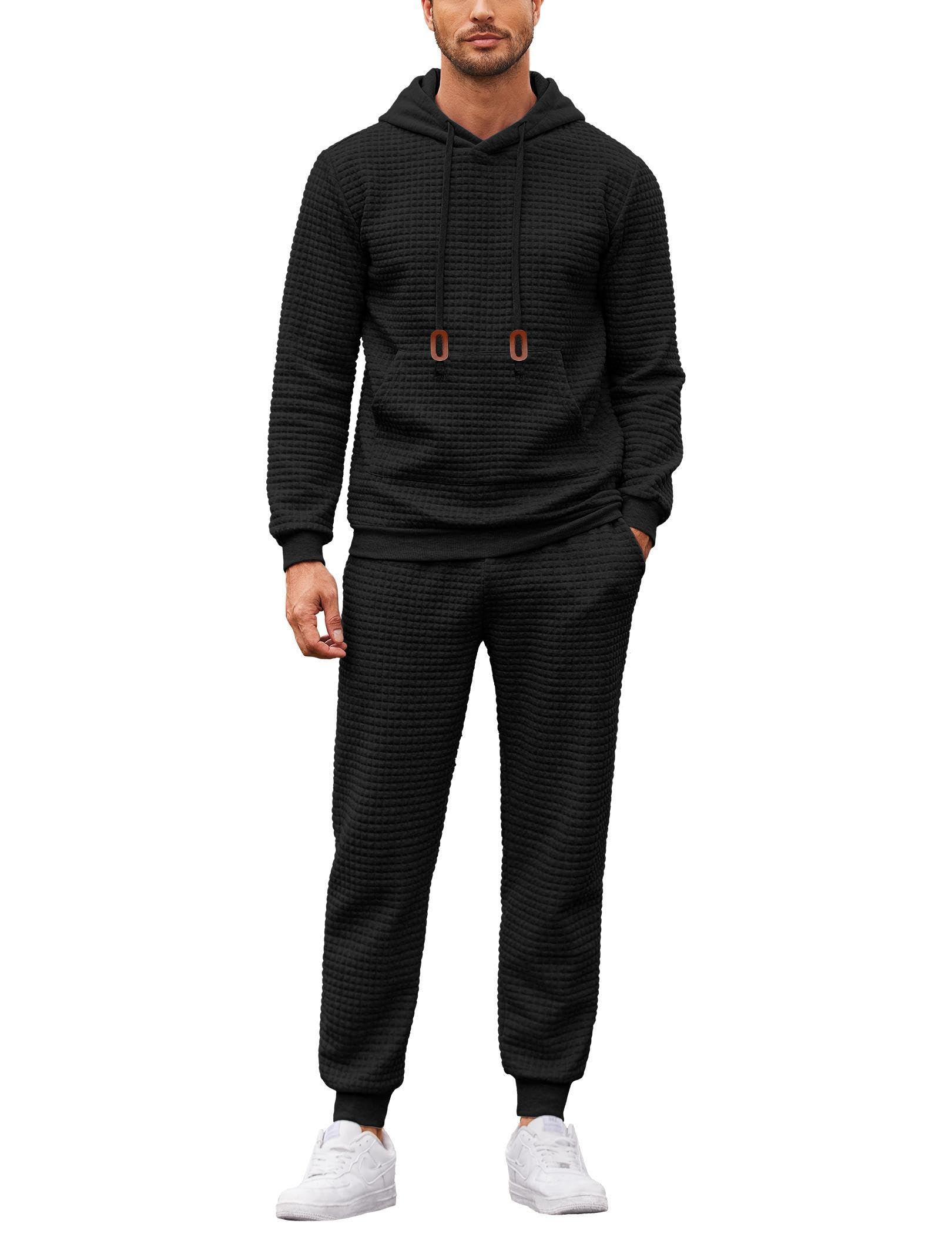 COOFANDY Men's 2 Piece Tracksuit Set - Hoodie & Jogger Sweatsuit, Waffle Plaid Jacquard Design for Casual Wear, Gym & Running | Athletic Outfit for Men's Streetwear & Lounge
