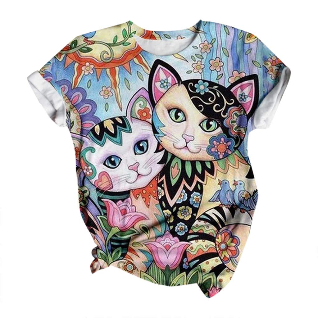 Lozeny Women's Cat Graphic Colorblock Pullover T-Shirt - Short Sleeve Crewneck Casual Blouse for Sports & Everyday Wear | Cute Fashion Top for Outings, Workouts & Street Style
