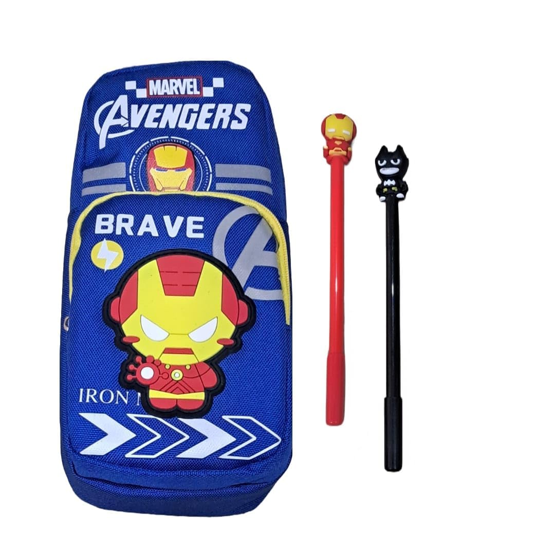 Marvel Avengers Themed Pencil Case for Boys - Dual Compartment School Stationery Organizer with 2 Pens Included | Perfect for School, Office & Travel (Iron Pouch + 2 Pens)