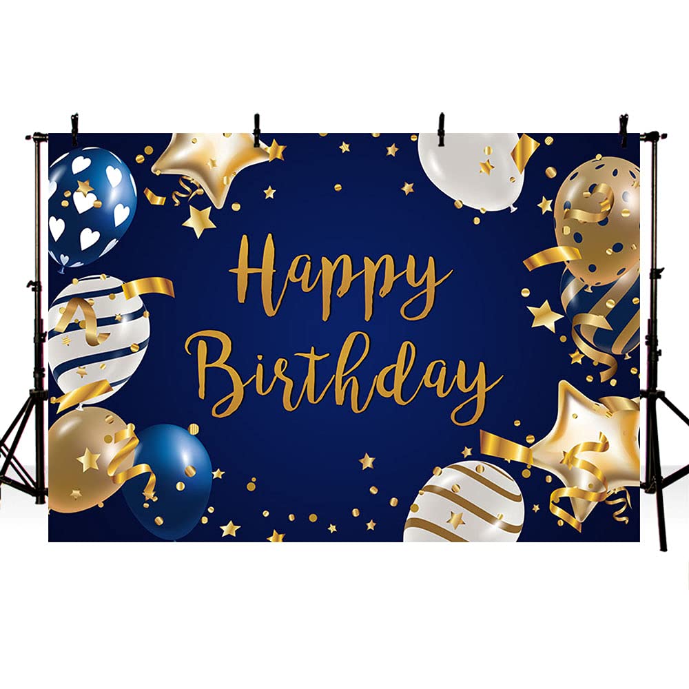 MEHOFOND Navy Blue & Gold Happy Birthday Banner Backdrop - 7x5ft Vinyl Photography Background for Men's Birthday Party Decor, Cake Table, Studio & Photo Booth Props | Perfect for Indoor & Outdoor Celebrations