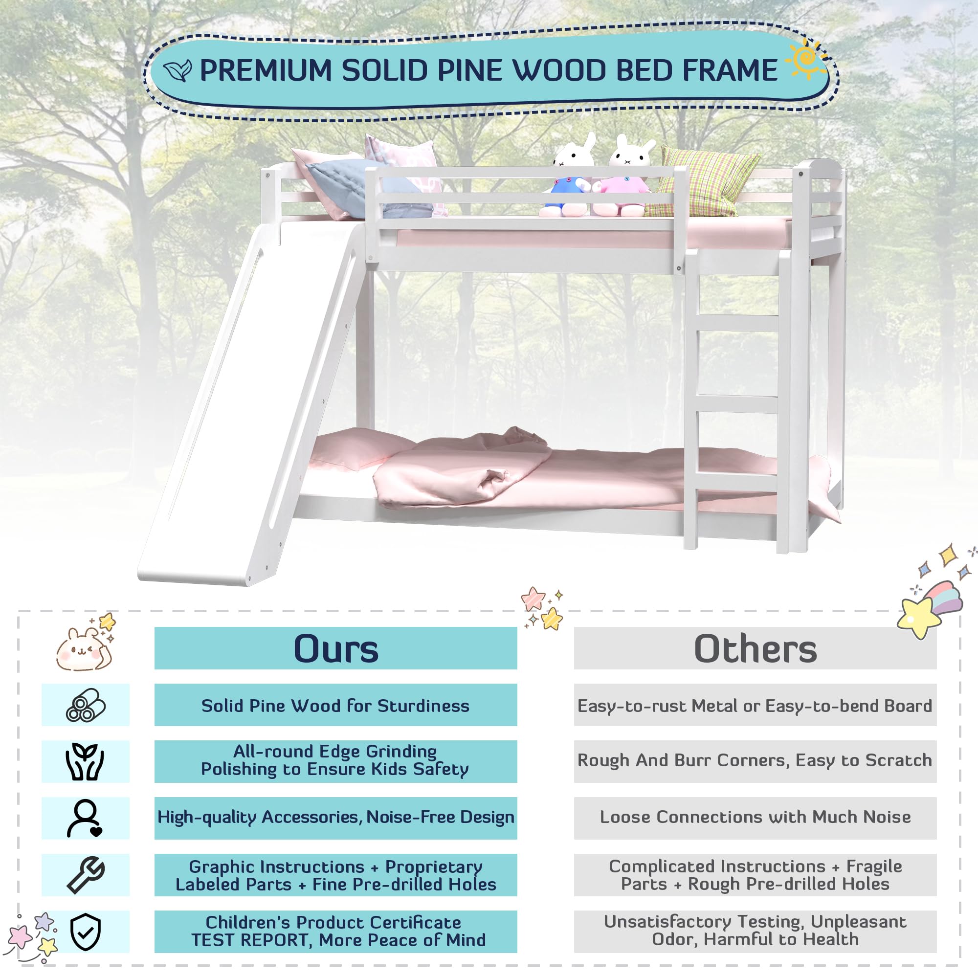 Solid Wood Twin Over Twin Bunk Bed with Ladder & Safety Rail - Low Profile Kids Bunk Bed Frame for Boys, Girls, Teens - Perfect for Bedrooms, Apartments, Dorm Rooms - No Box Spring Needed - Space-Saving Sleep Solution for Siblings or Sleepovers