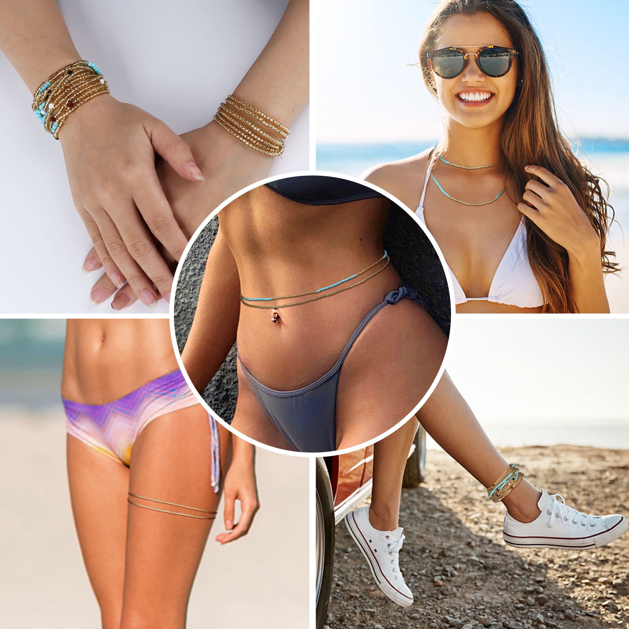 Sailimue 3 Piece African Waist Beads for Women - Elastic Belly Chain Jewelry for Plus Size Bikini & Body Positivity - Perfect for Beach, Festival, Yoga & Belly Dance Accessories