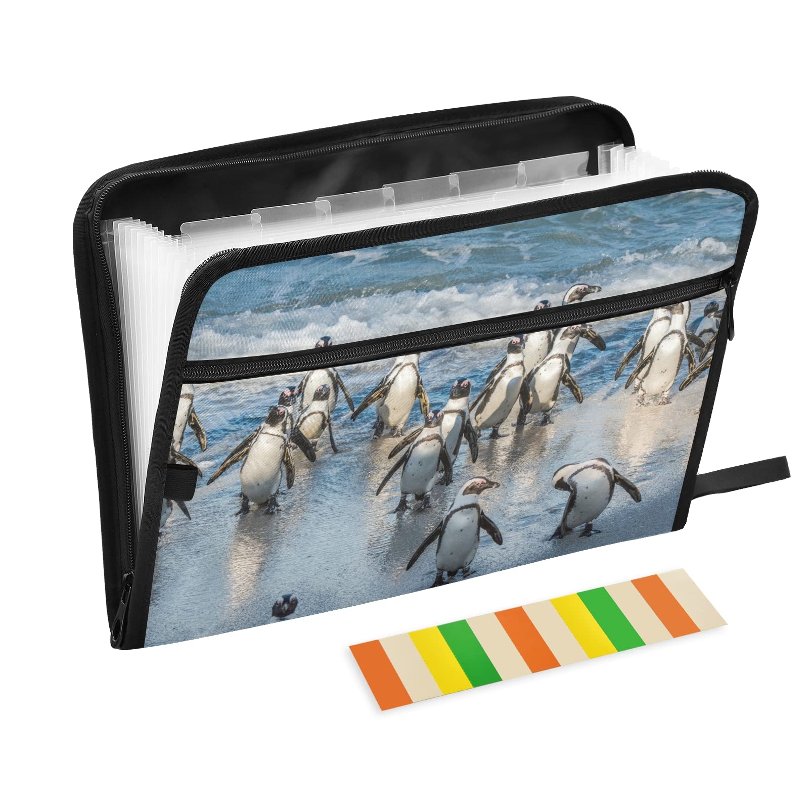 KFBE Penguin Expanding File Folder with Sticky Labels - 13 Pocket Accordion Organizer for Letter/A4 Paper - Zippered Document Holder for Office, School, Home & Travel Use