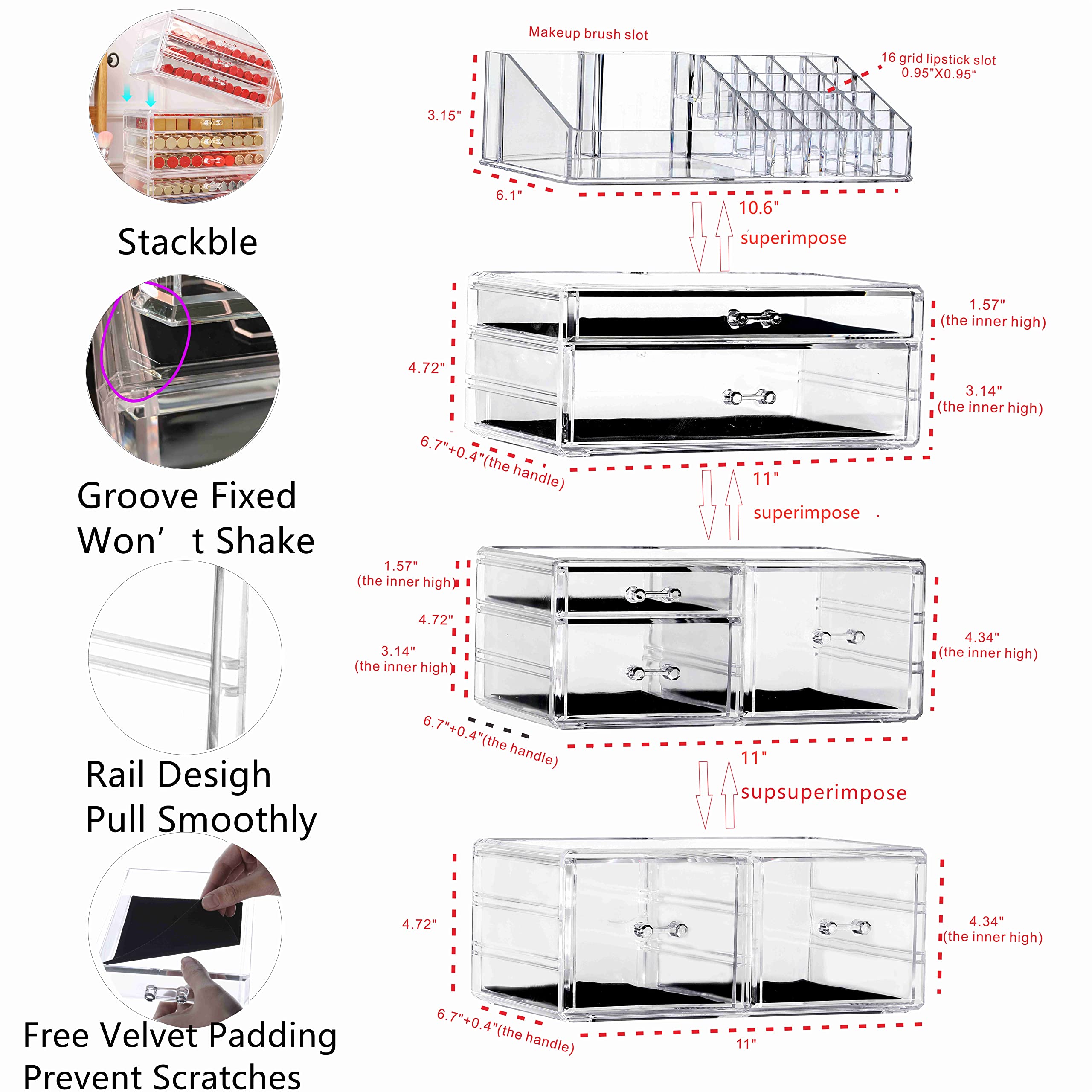 4 Pack Clear Acrylic Skincare Organizer - Stackable 7 Drawer Makeup Storage for Vanity | Cosmetic Organizer for Jewelry, Hair Clips & Beauty Products | Perfect for Bathroom Counter, Dressing Table & Bedroom Decor