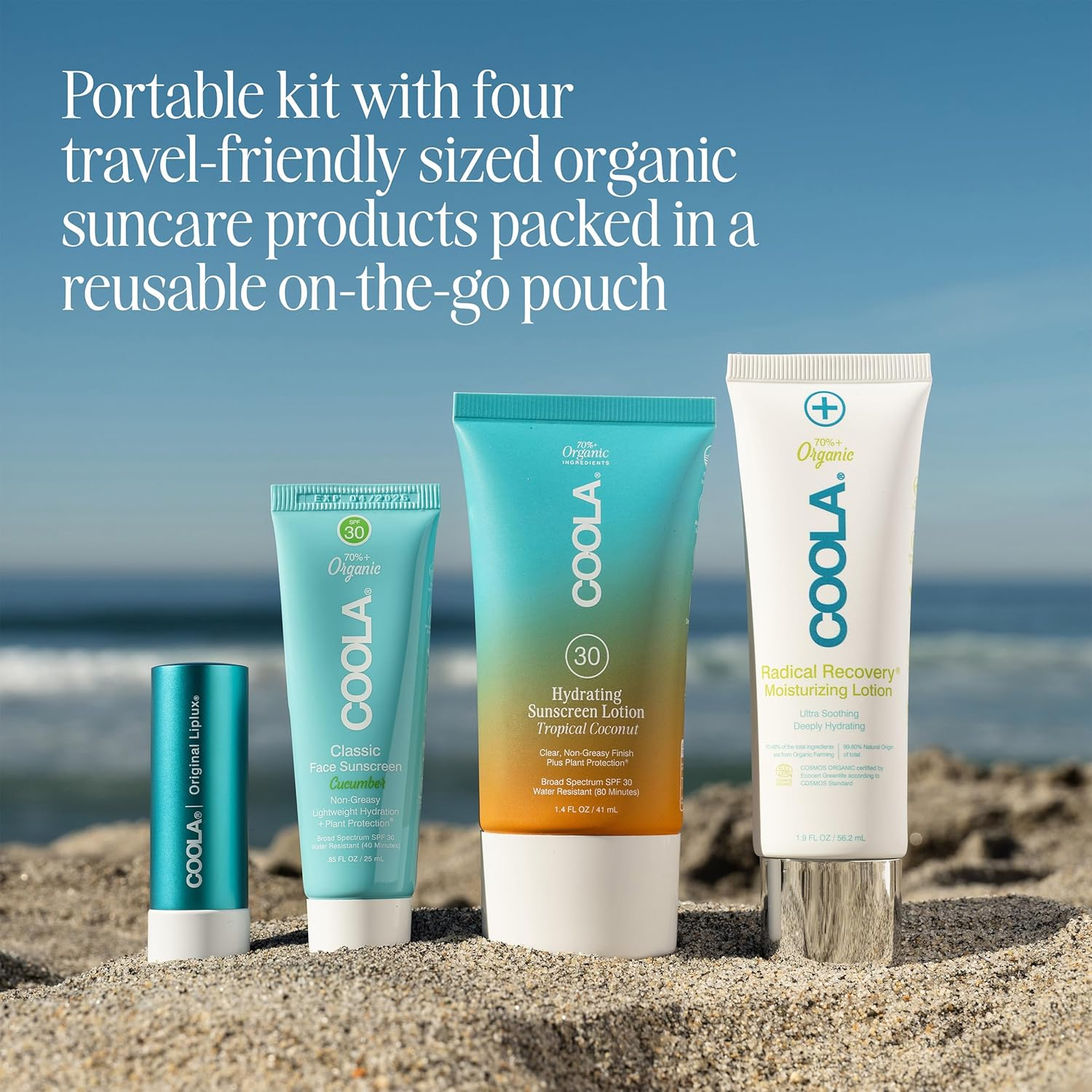 COOLA Suncare Travel Essentials Set - SPF 30 Sunscreen, Lip Balm & Face Mist for Beach Vacation & Outdoor Activities
